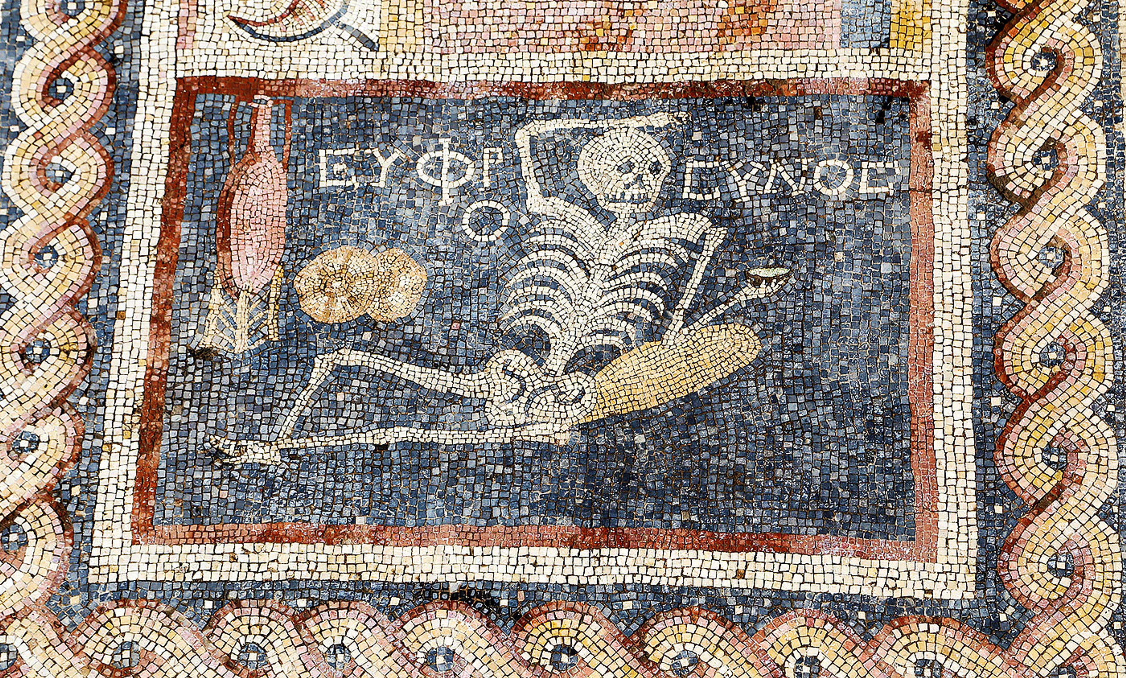 <p>A Roman mosaic of the dead enjoying life, recently discovered in Hatay, Turkey. <em>Photo by Anadolu/Getty</em></p>