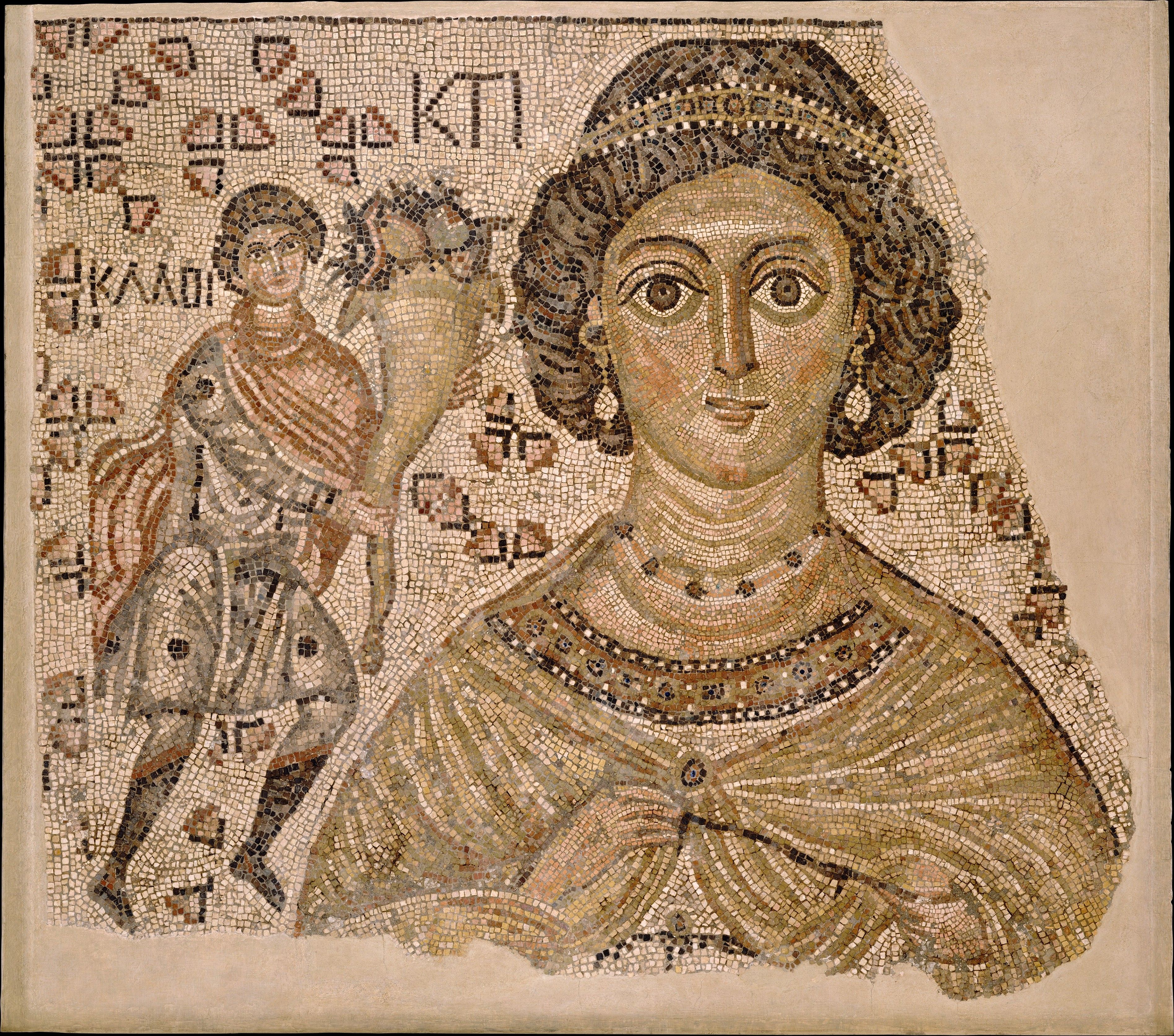 Ancient Roman mosaic depicting a woman in ornate attire with a smaller figure holding a cornucopia beside her.