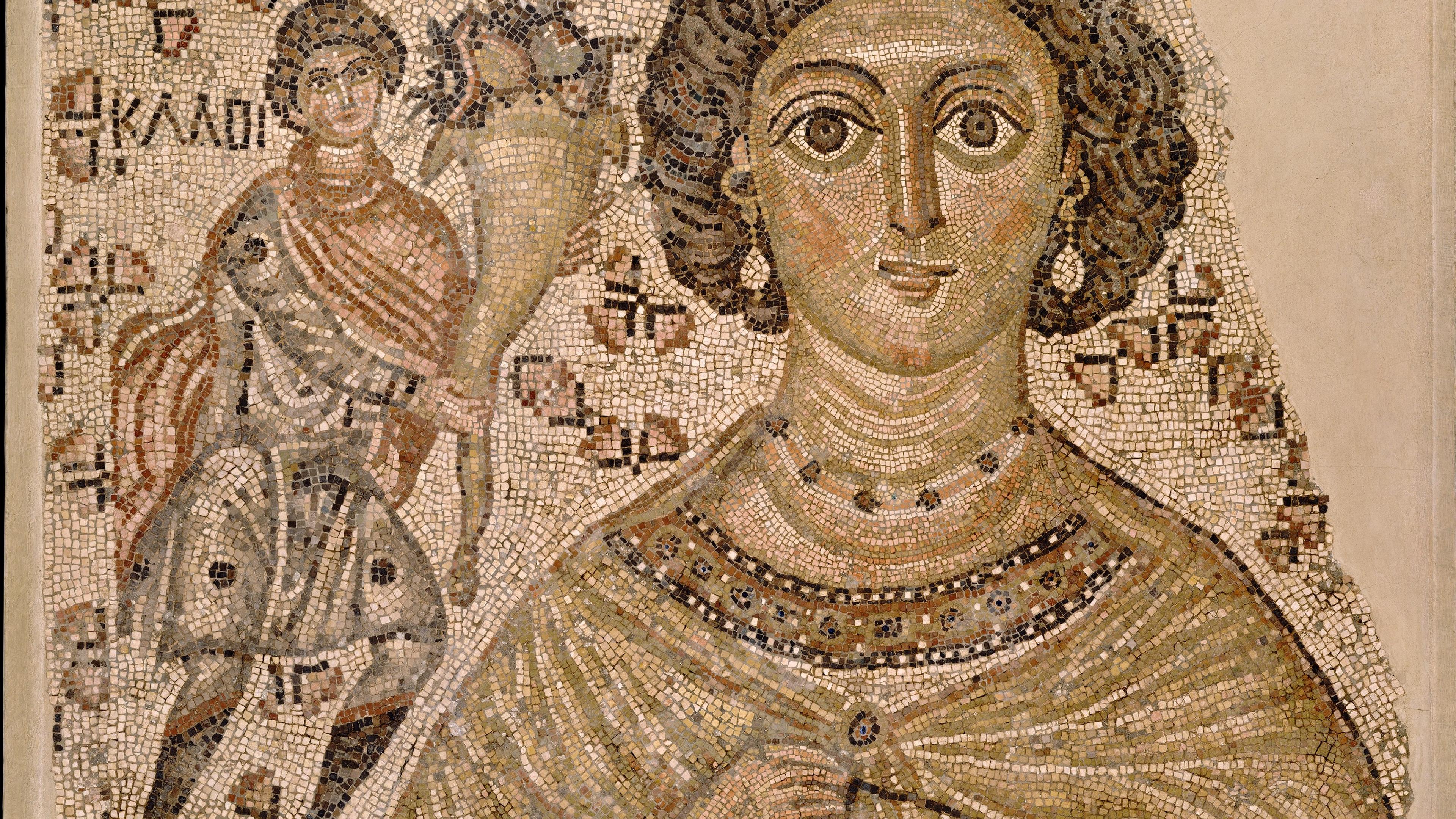 Ancient Roman mosaic depicting a woman in ornate attire with a smaller figure holding a cornucopia beside her.