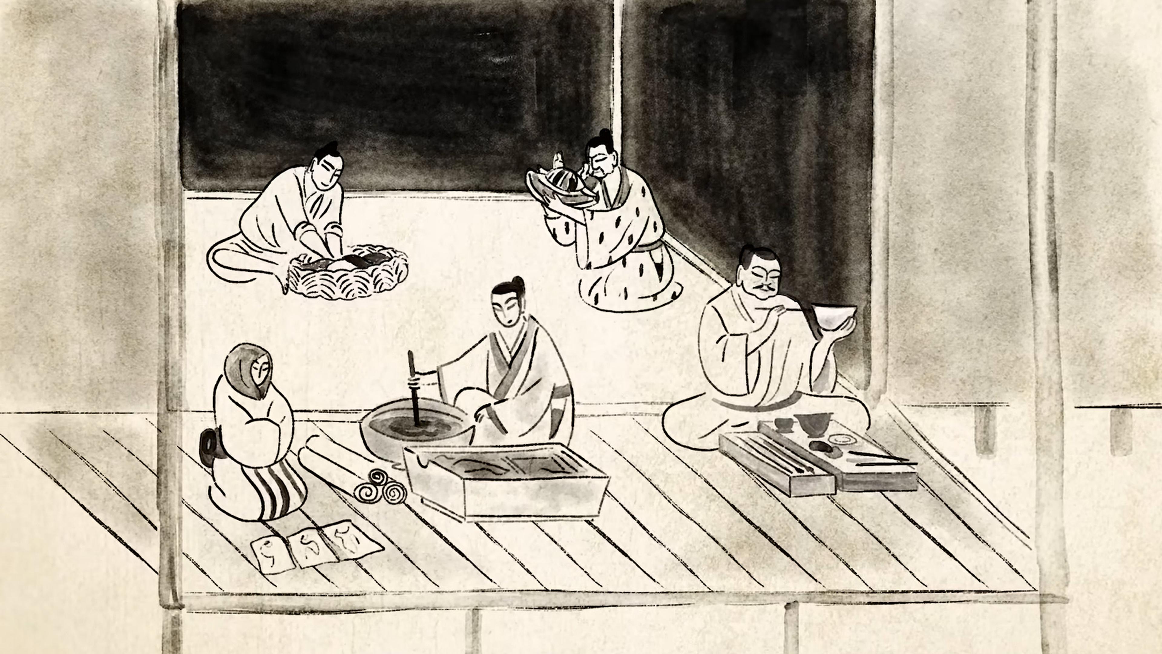 Ink painting of people in traditional attire engaging in activities on a wooden floor with various objects around them.