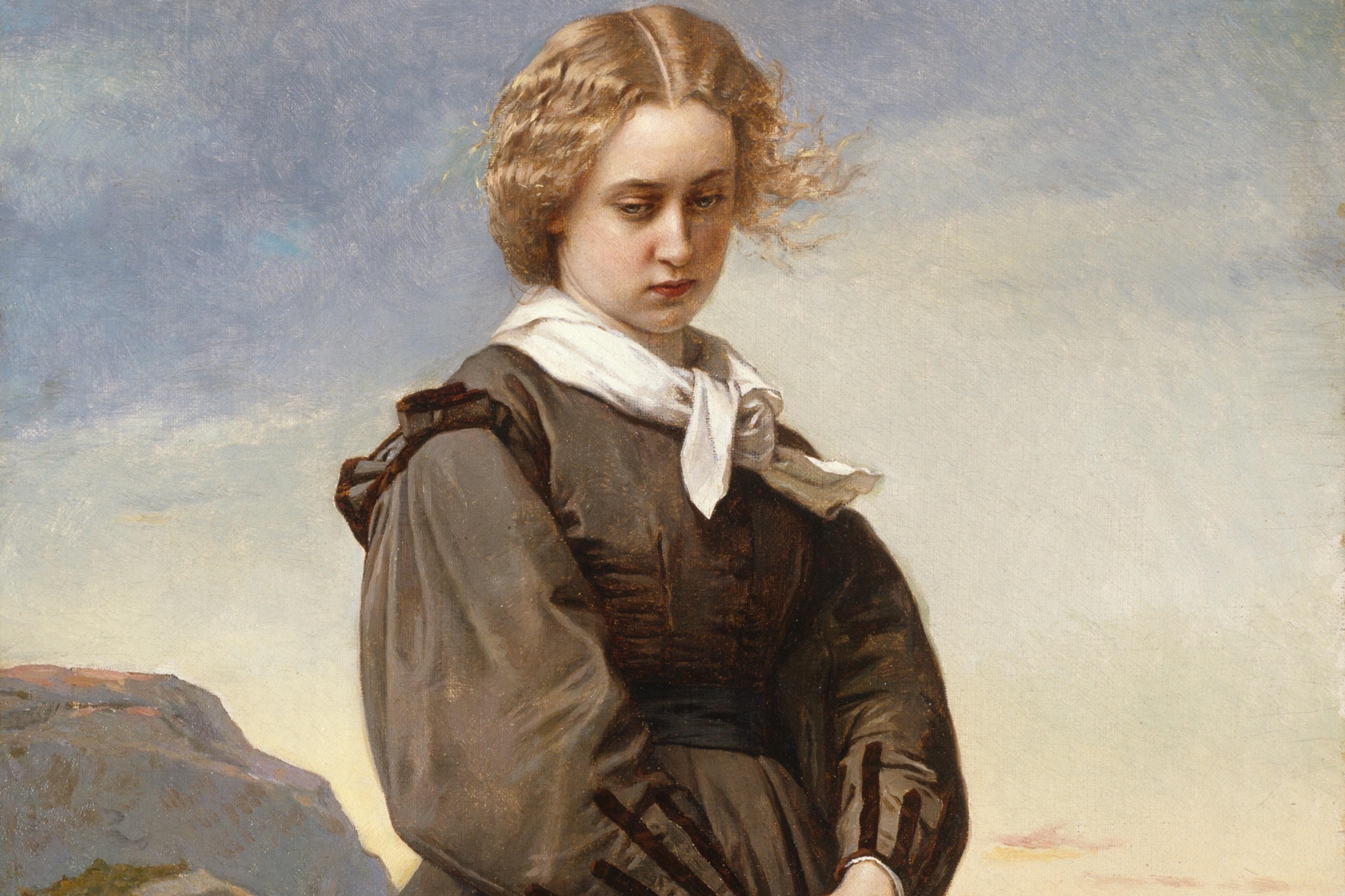 Painting of a contemplative woman in a brown dress holding flowers, with a mountainous landscape and church in the background.