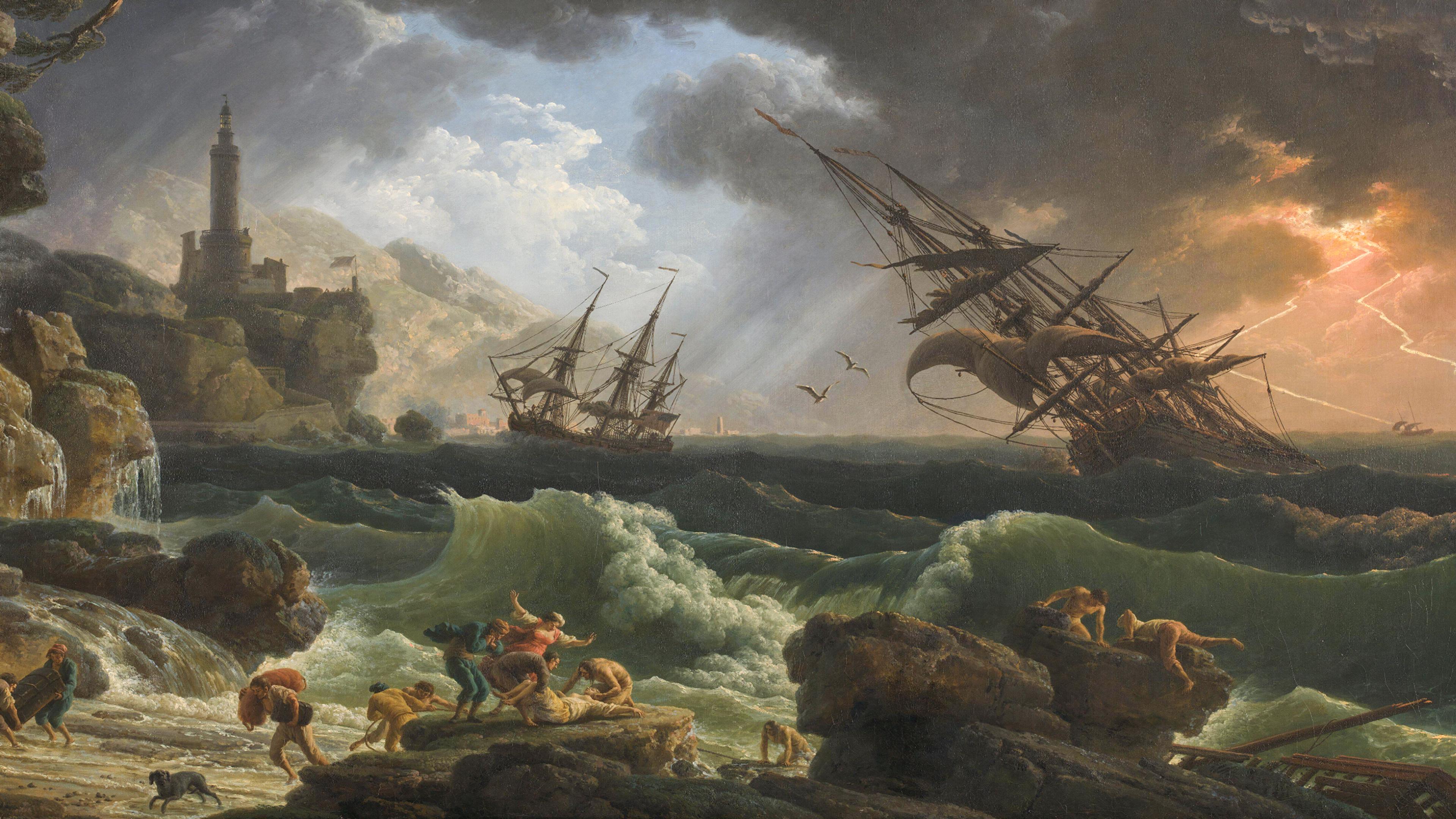 Painting of a stormy sea with two sailing ships in distress and people struggling on the rocky shore.