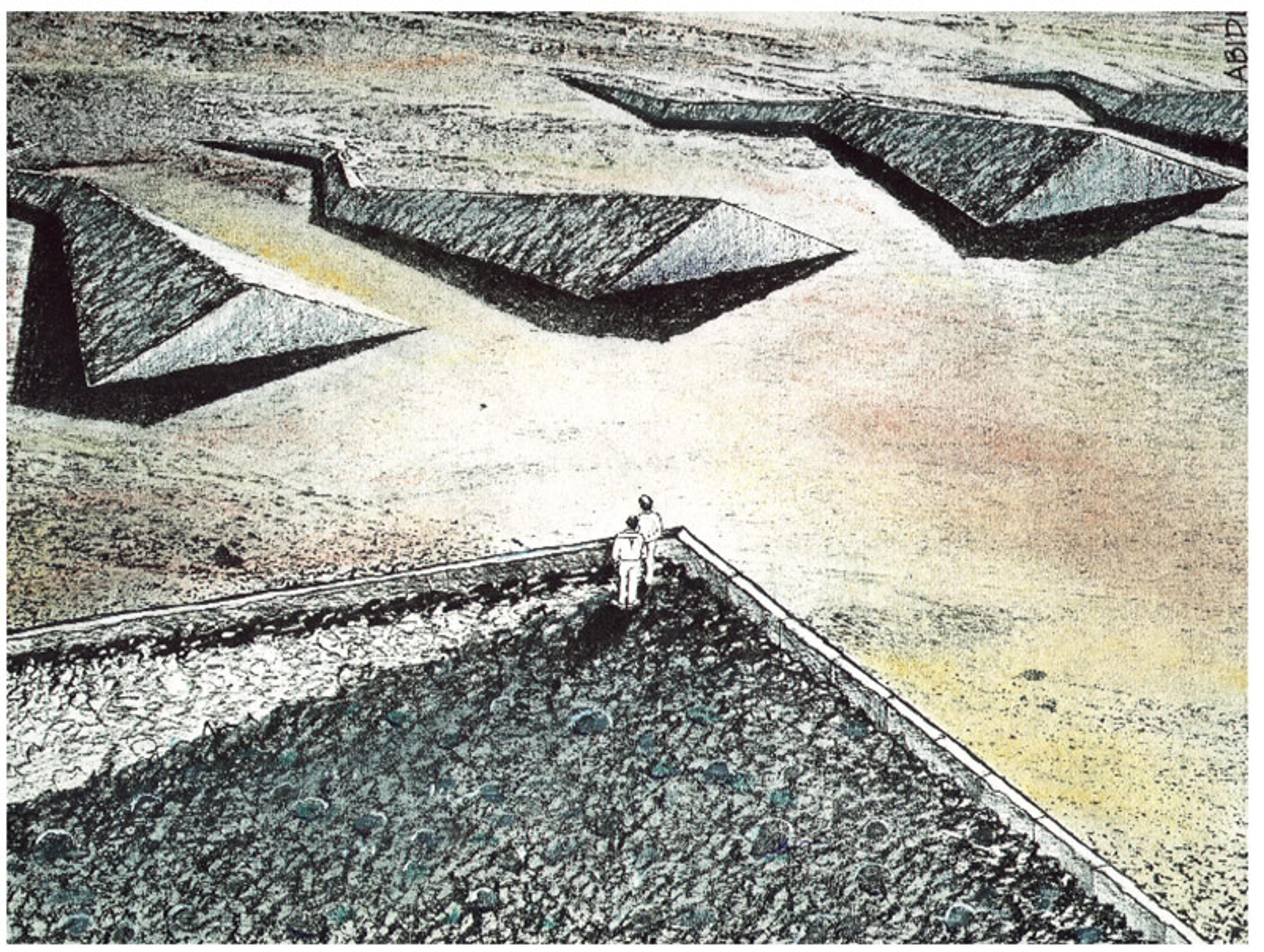 Surrealist painting of a person standing on a ledge overlooking a landscape with geometric structures resembling pyramids.