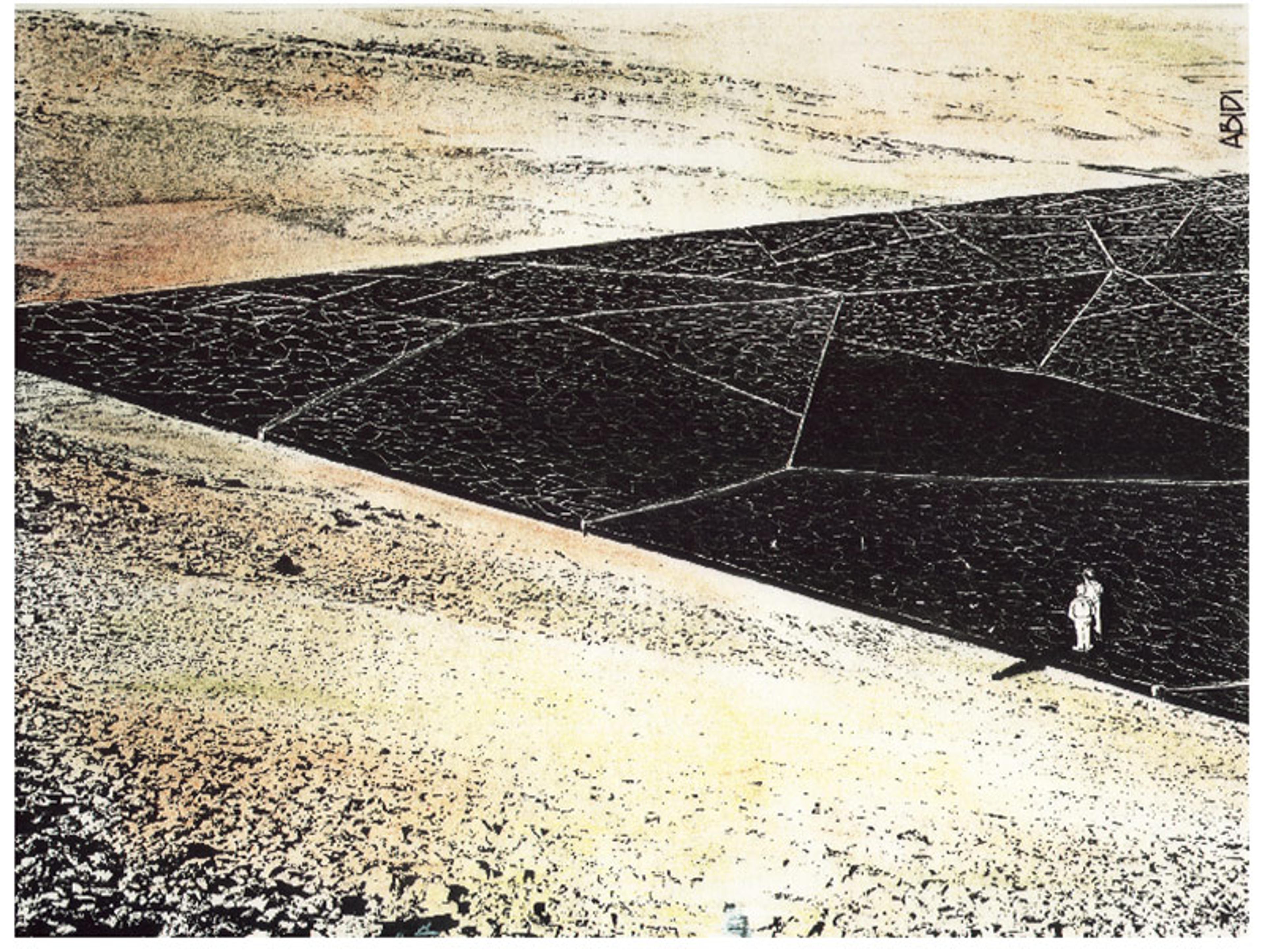 Painting of a lone astronaut standing next to a large dark geometric structure in a desolate desert landscape.