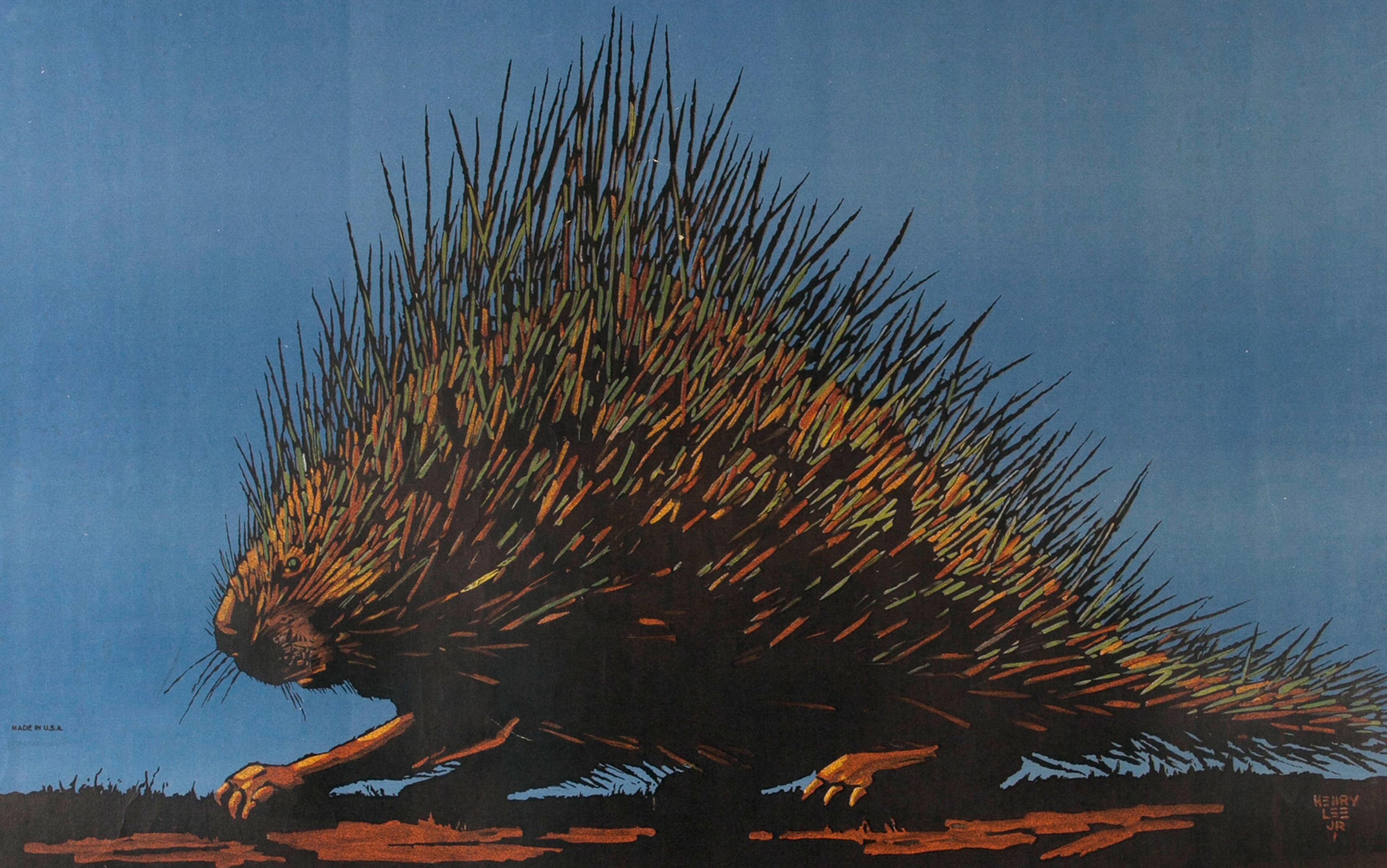 Painting of a porcupine with sharp quills, in profile, walking on a dark foreground against a blue background.