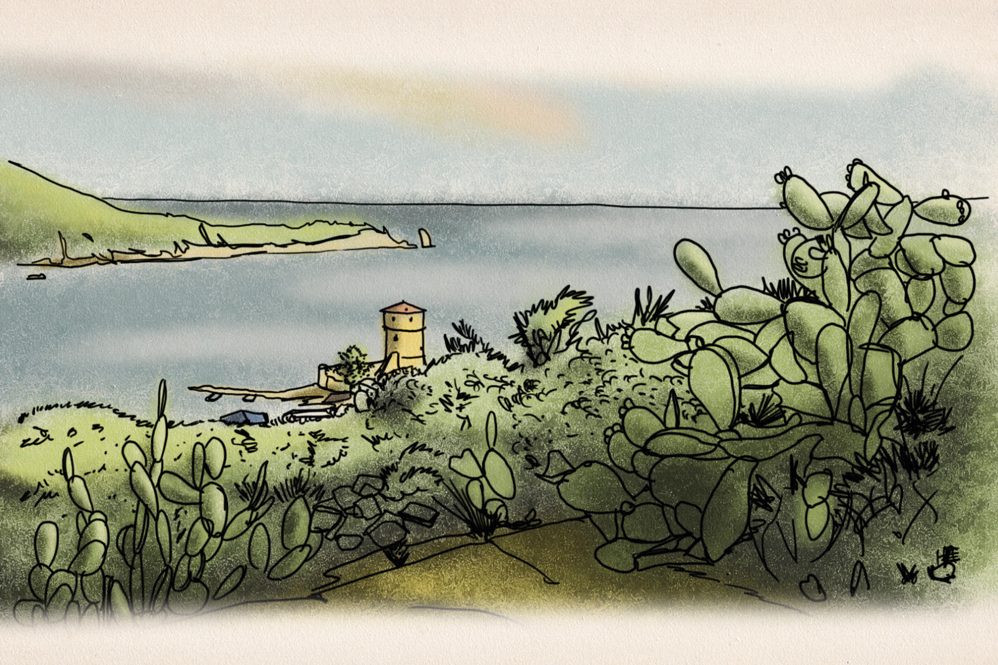 Illustration of a coastal landscape with a yellow tower, green hills, and cacti in the foreground, overlooking a calm sea under a blue sky.