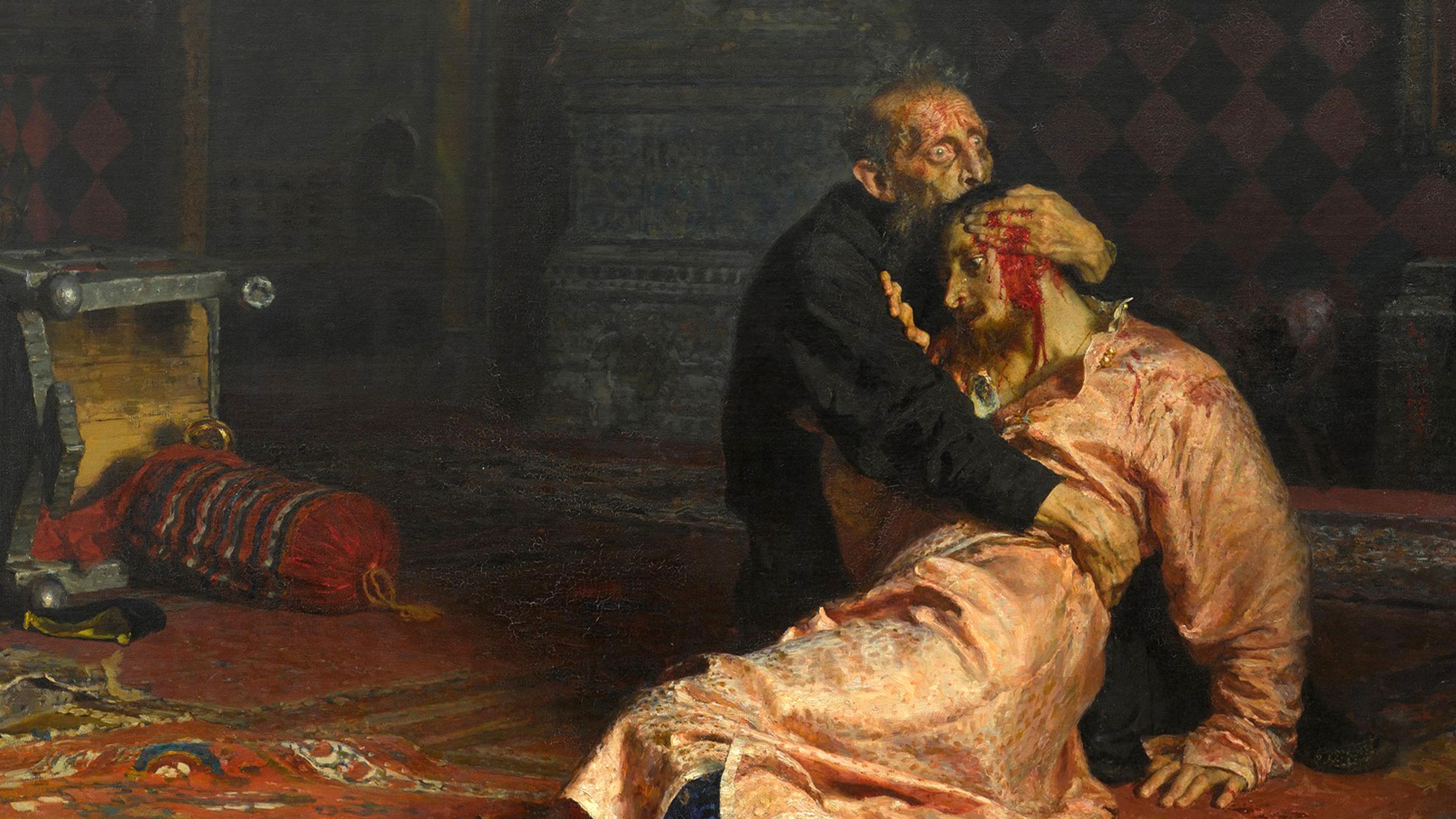 Painting of a distressed man with wide eyes holding a dying man with a bloody head. They lie on a red pattered carpet near a toppled throne, dark, rich tones in the background.
