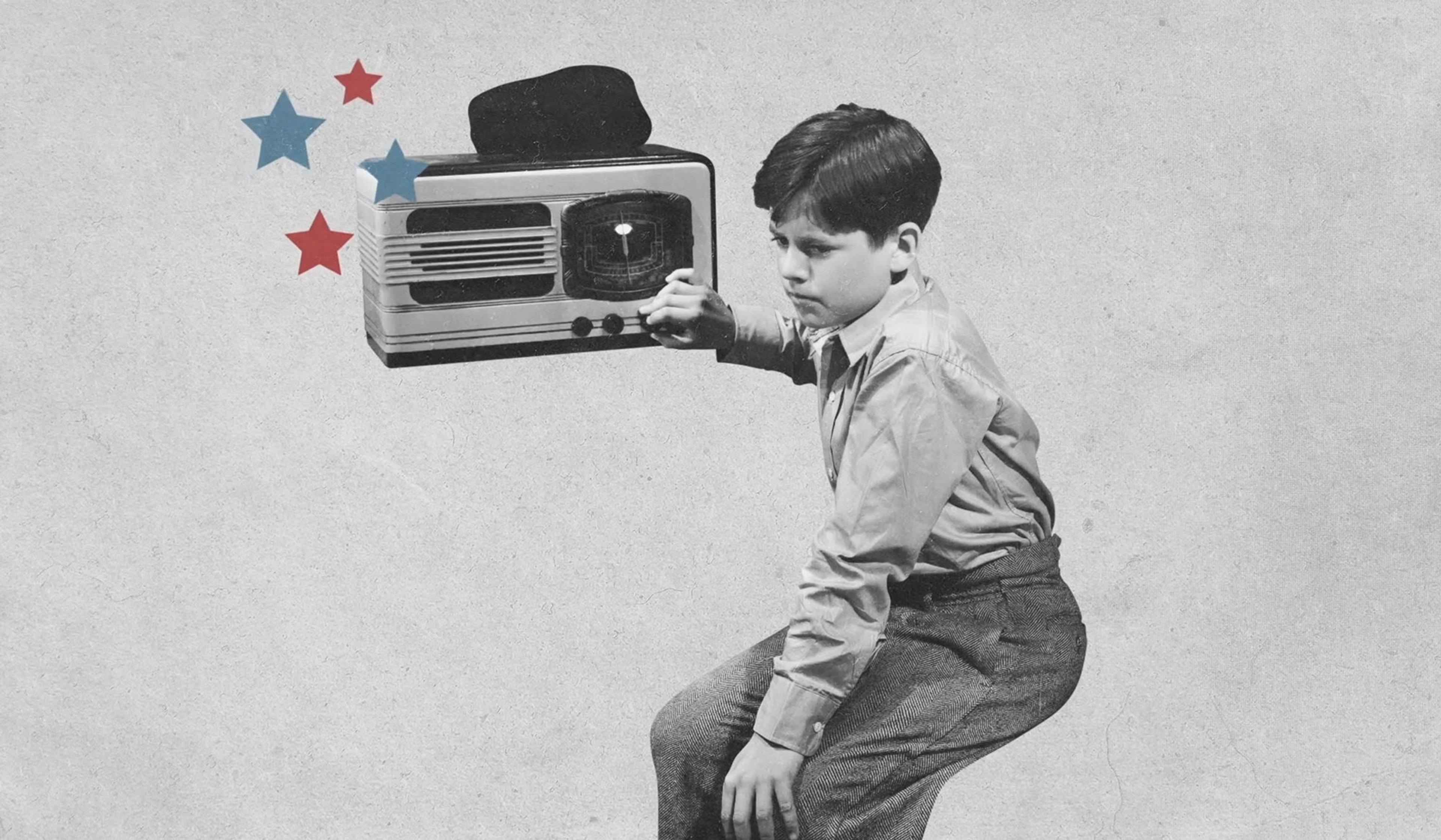 Vintage-style image of a boy tuning an old radio with coloured stars floating above.