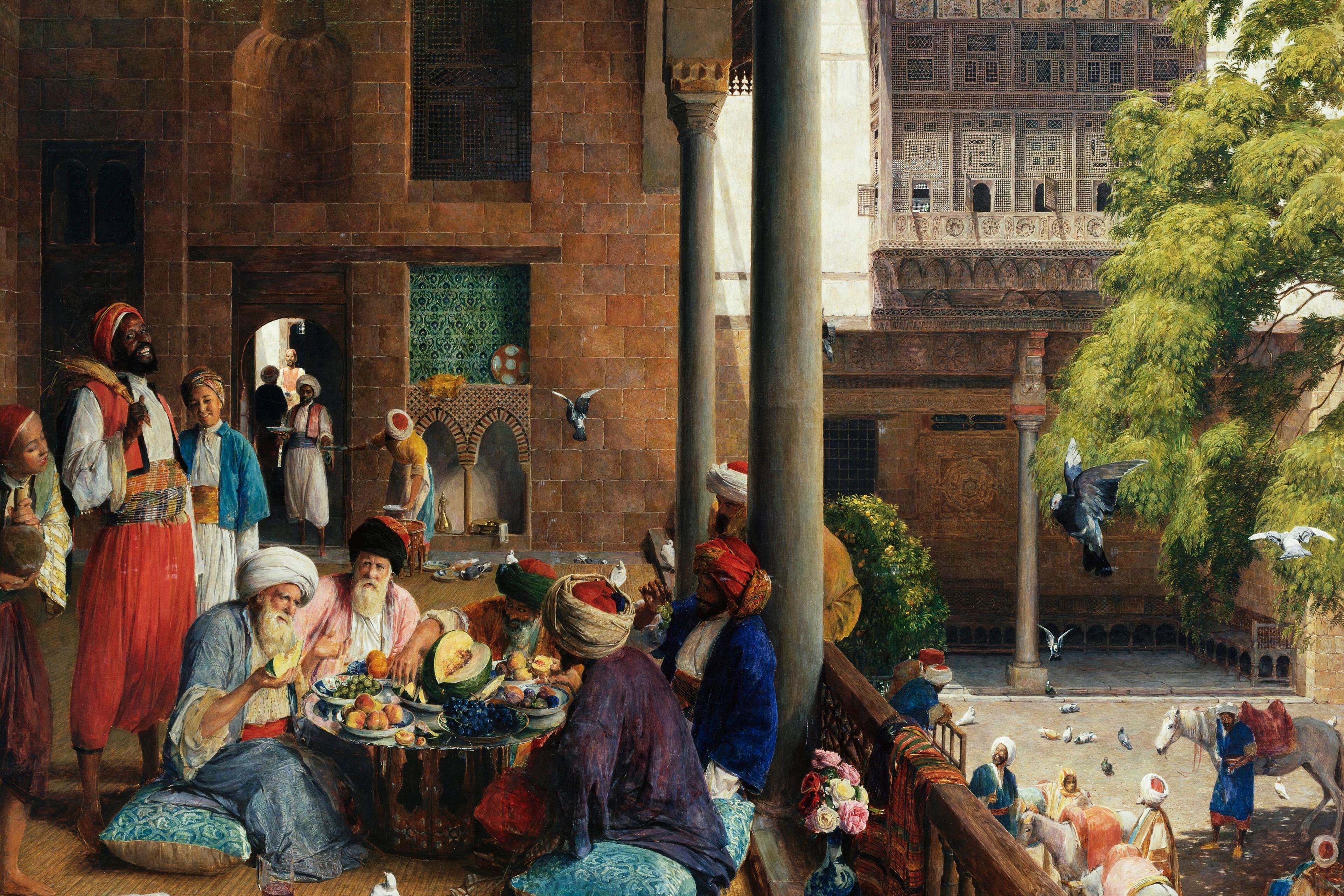 Painting of a lively Middle Eastern courtyard with people dining, pigeons flying, and a richly detailed architectural backdrop.