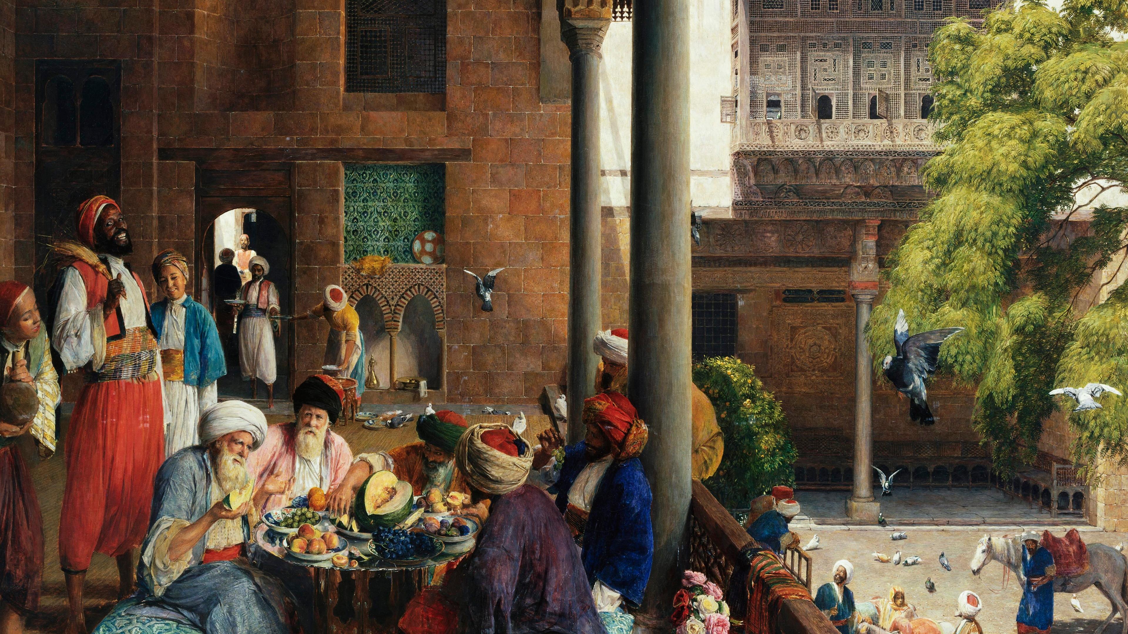 Painting of a lively Middle Eastern courtyard with people dining, pigeons flying, and a richly detailed architectural backdrop.