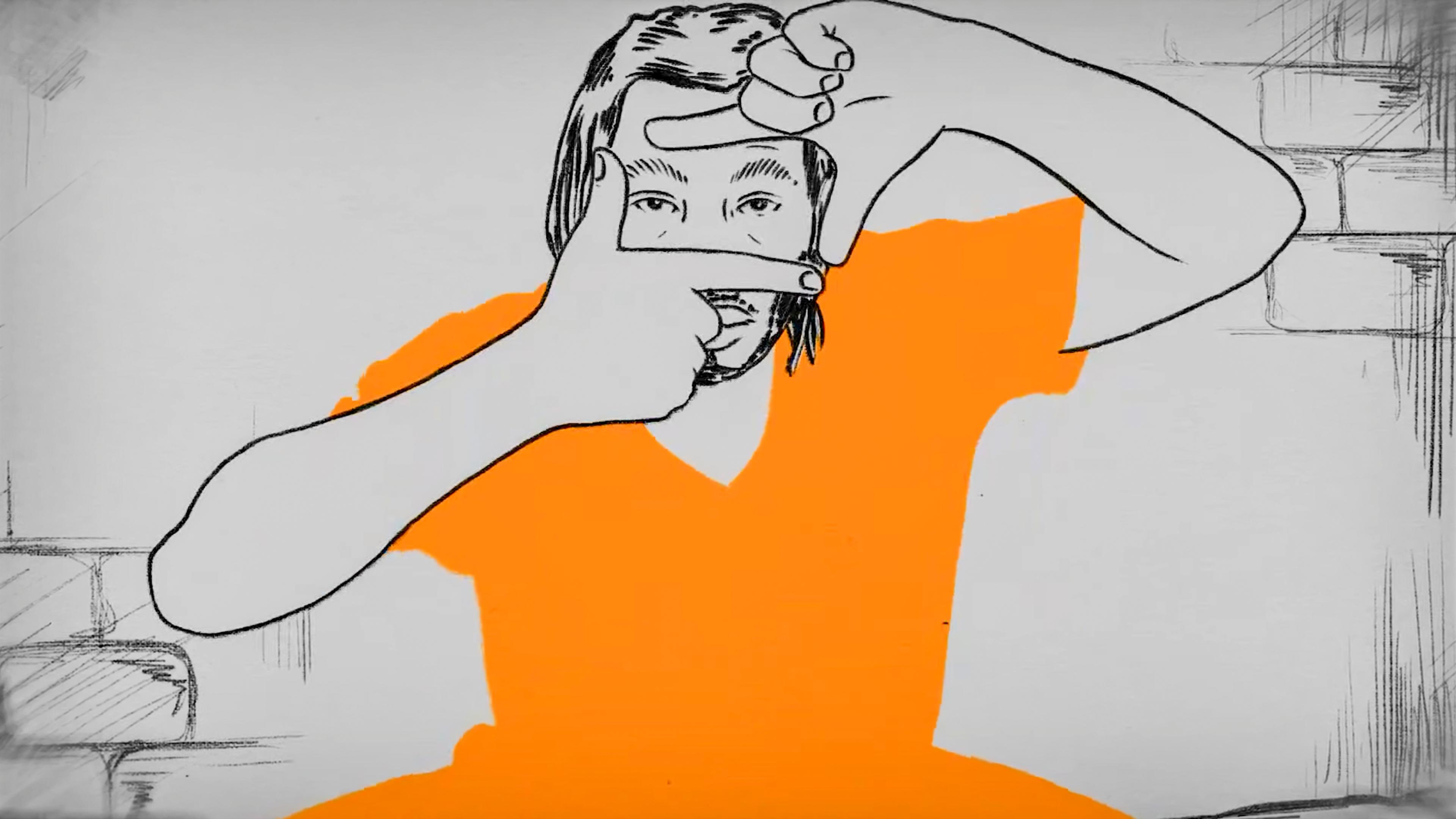Illustration of a person framing their face with their fingers wearing an orange shirt against a grey background.