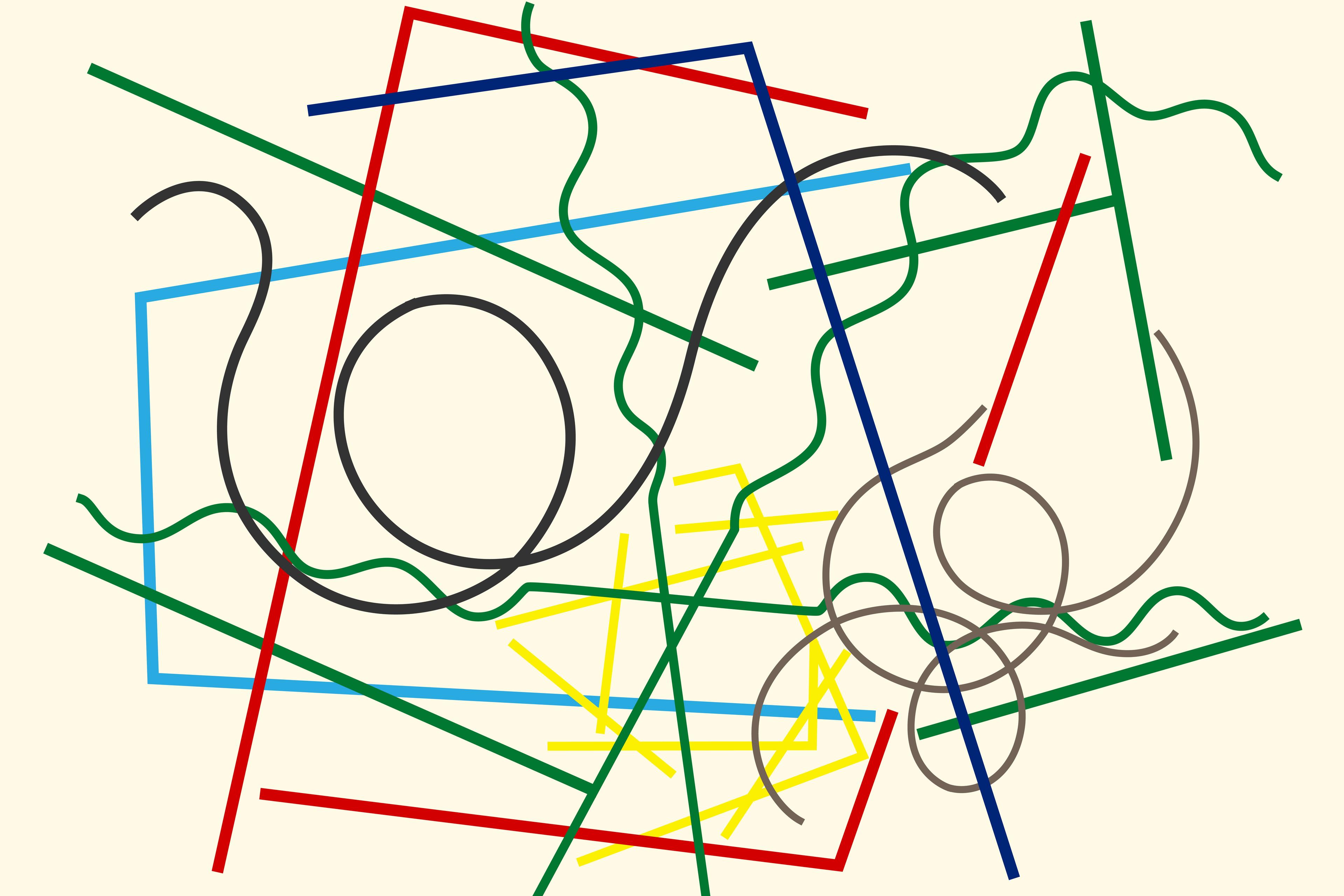 Abstract painting with colourful overlapping straight and curved lines on a light background.