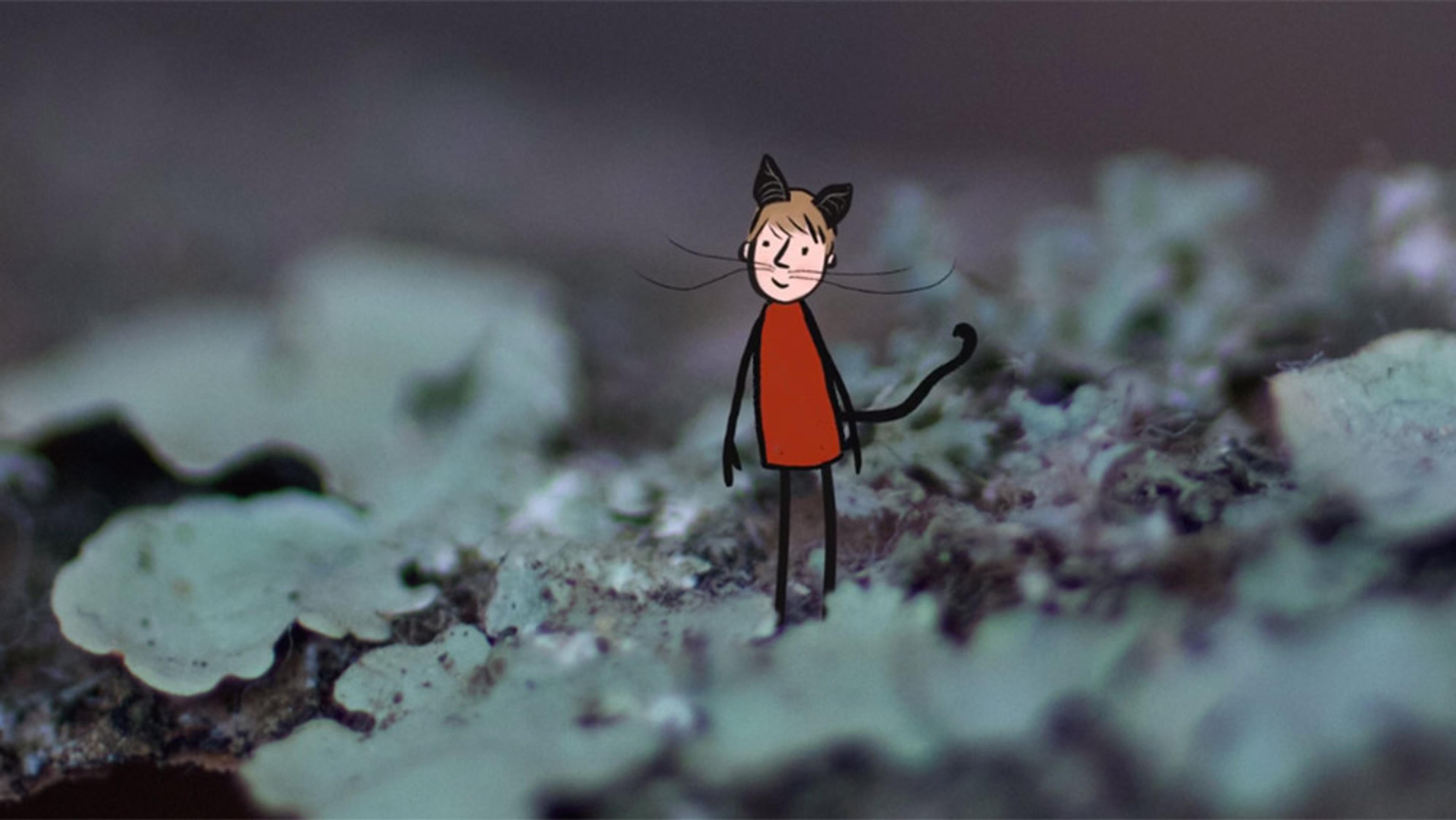 Illustration of a stick figure with cat ears and a tail standing on a blurred, mossy surface.