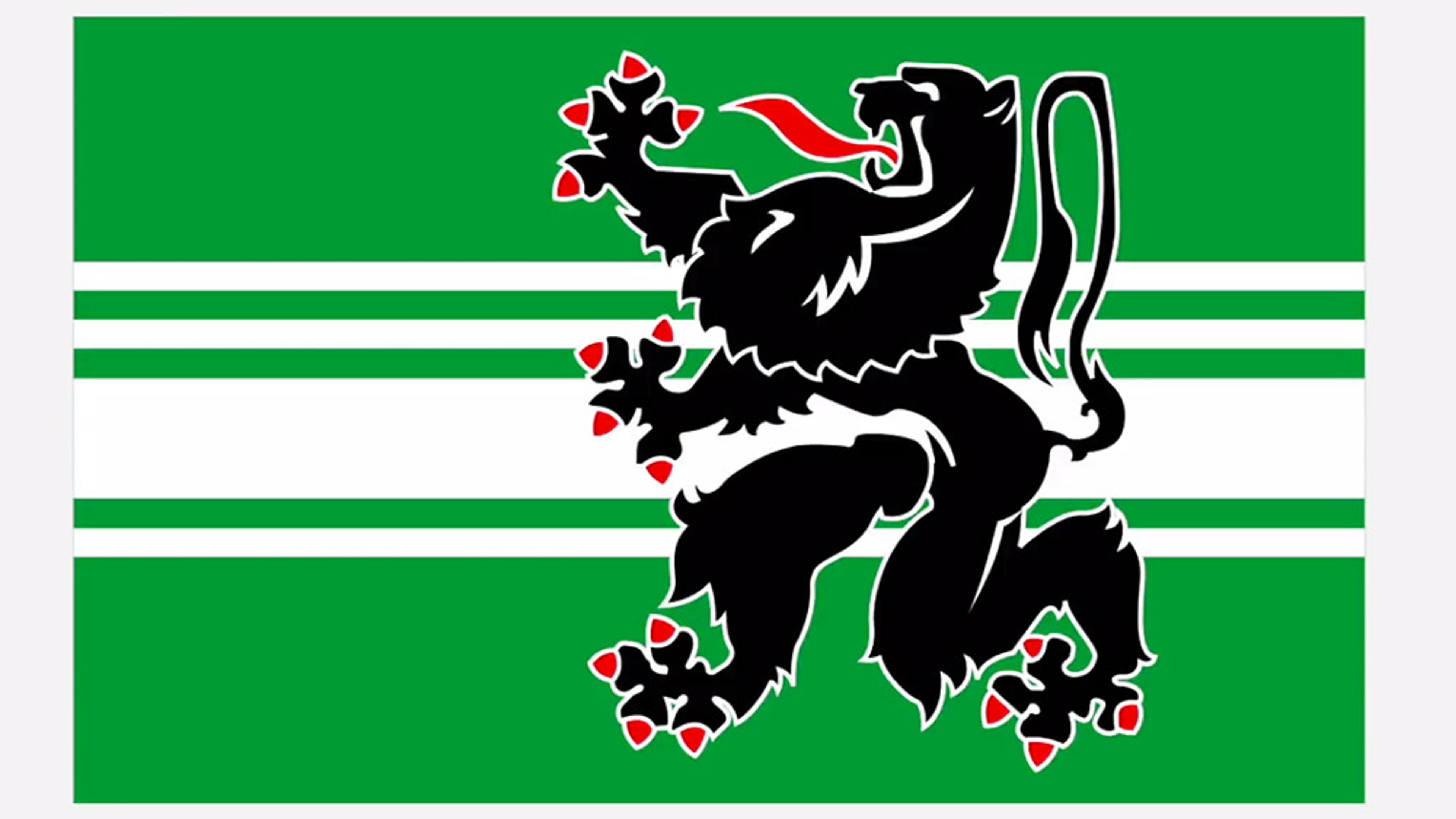 Flag illustration with a black roaring lion featuring red claws and tongue against a green background with white stripes.