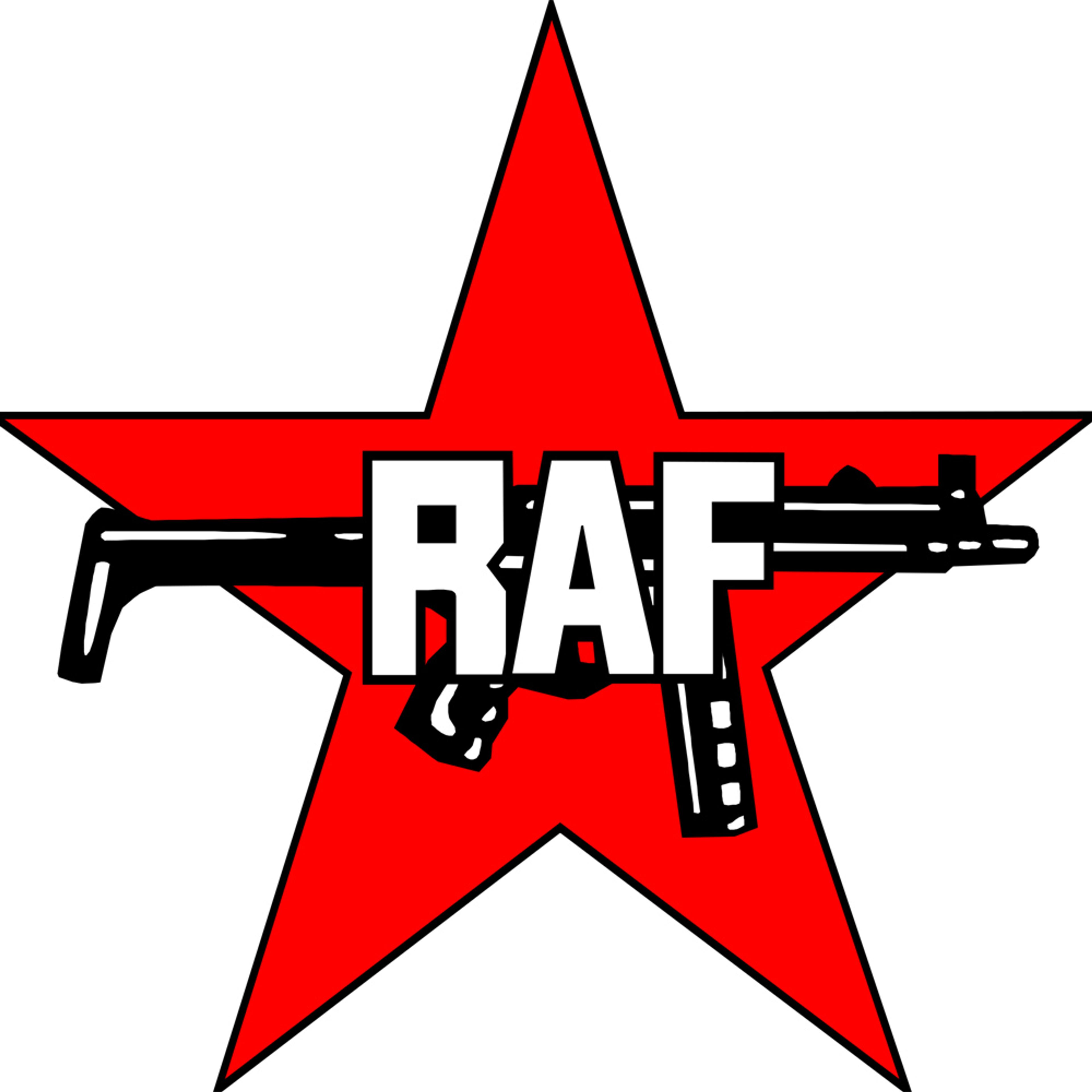 Logo with a red star background, black gun illustration, and white text “RAF” overlaid.