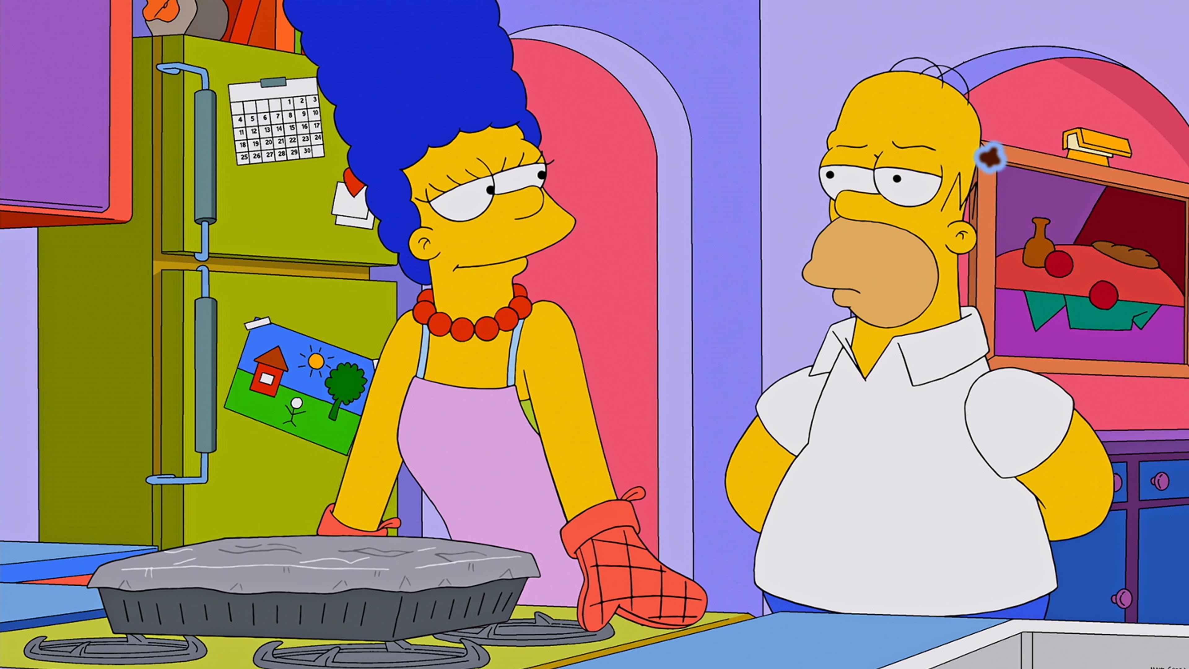 Cartoon scene in a kitchen with a woman wearing an oven mitt and a man standing by a pie on the hob.