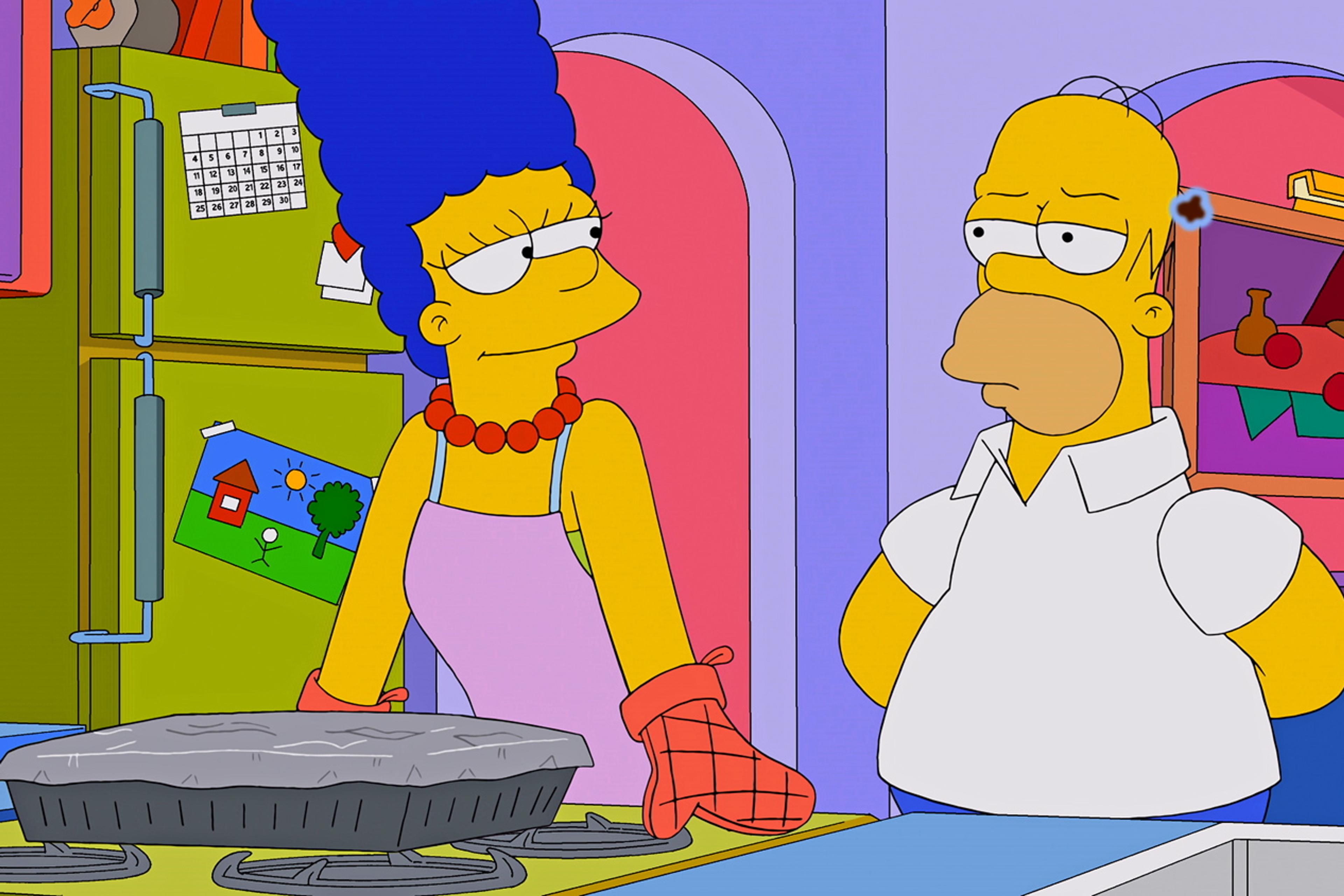 Cartoon scene in a kitchen with a woman wearing an oven mitt and a man standing by a pie on the hob.