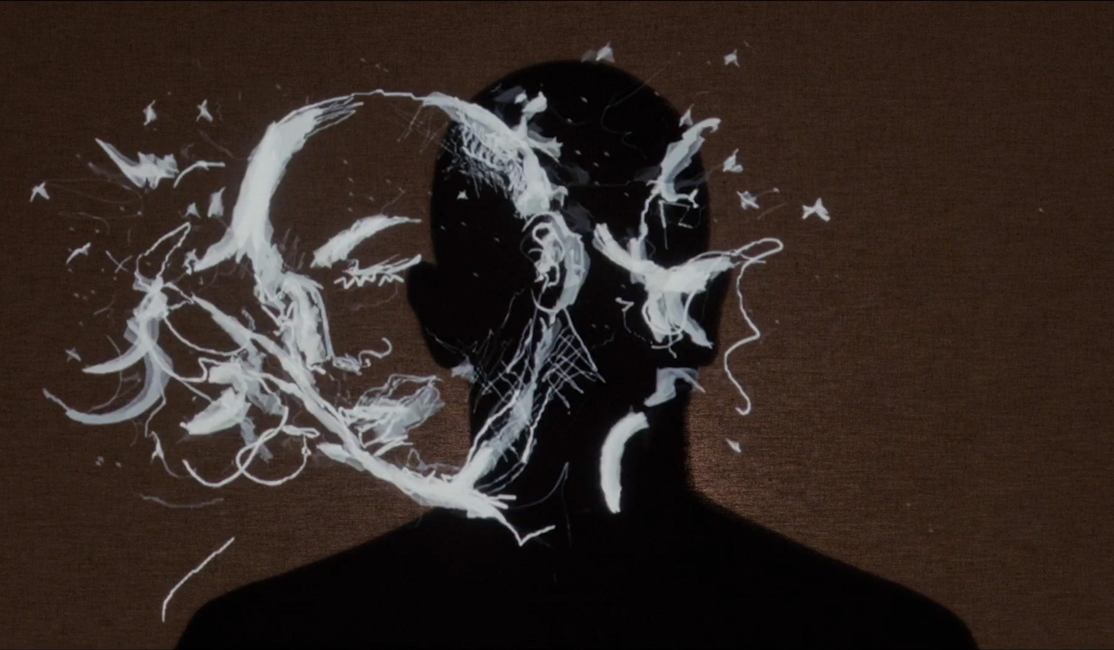 Silhouette of a head with an abstract drawing of a face in motion with white lines overlaid.