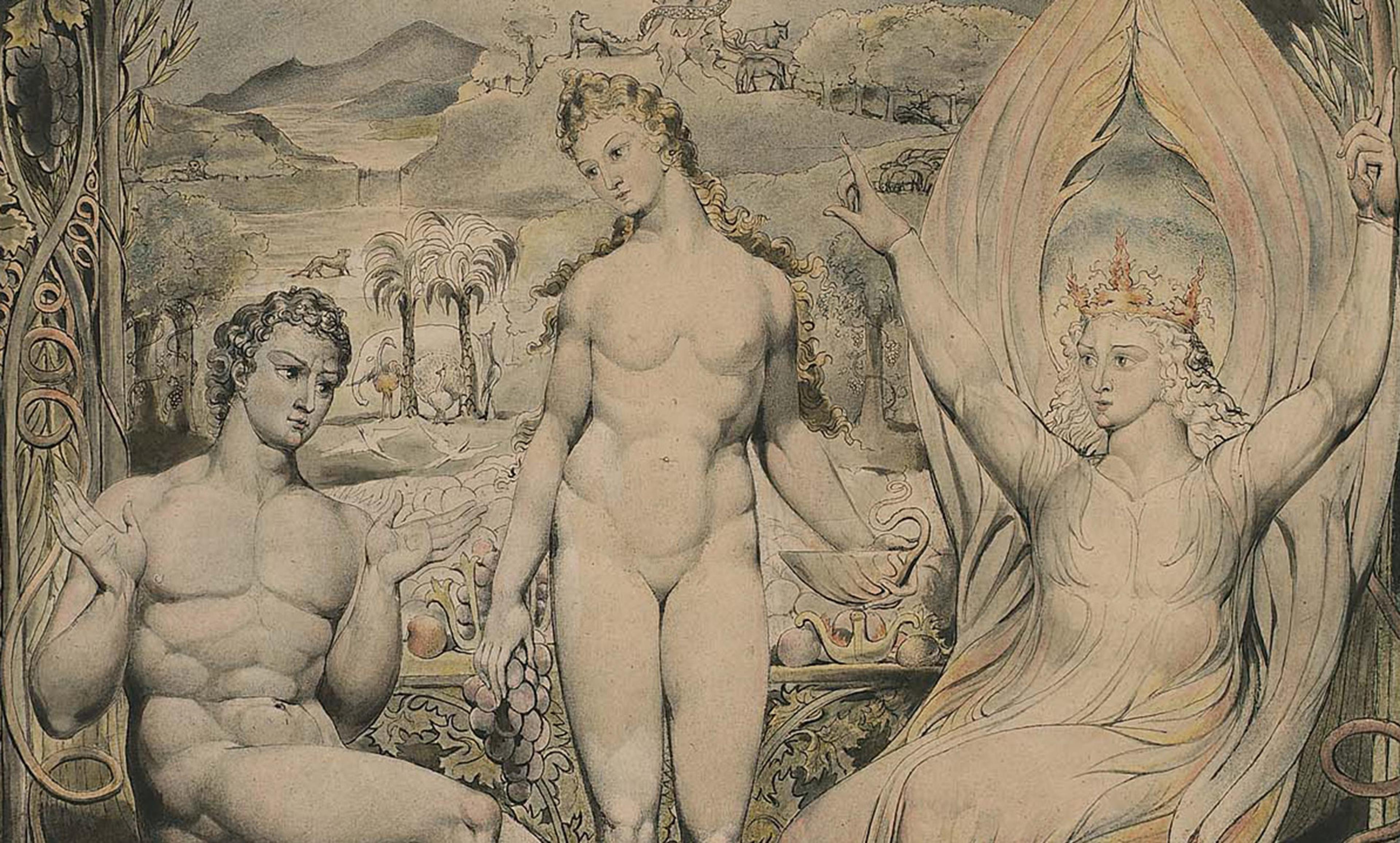 A painting depicting three mythological figures in a lush, pastoral landscape with animals in the background.