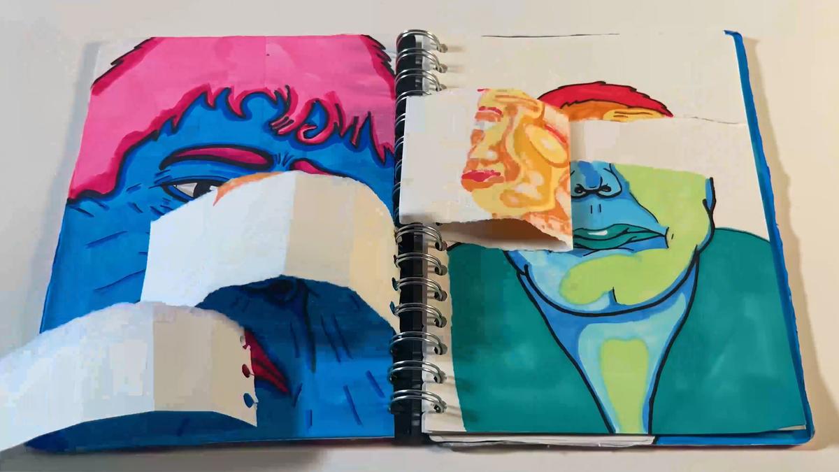 Sketchbook pages with colourful abstract faces, featuring torn paper flaps over parts of the drawings, mixed media artwork.