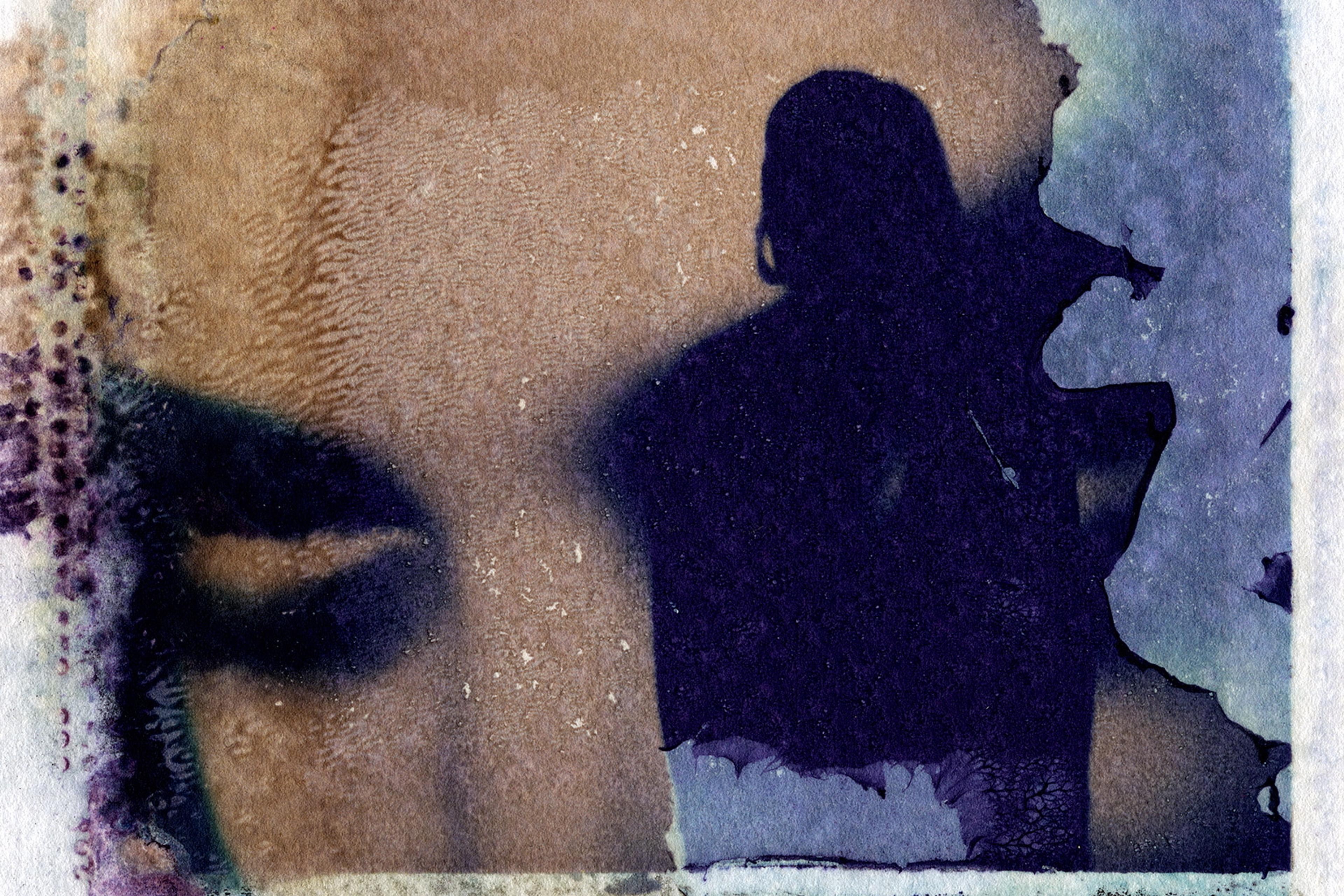 Abstract painting of a dark silhouette on a textured brown and blue background with areas of peeling, suggesting age or decay.