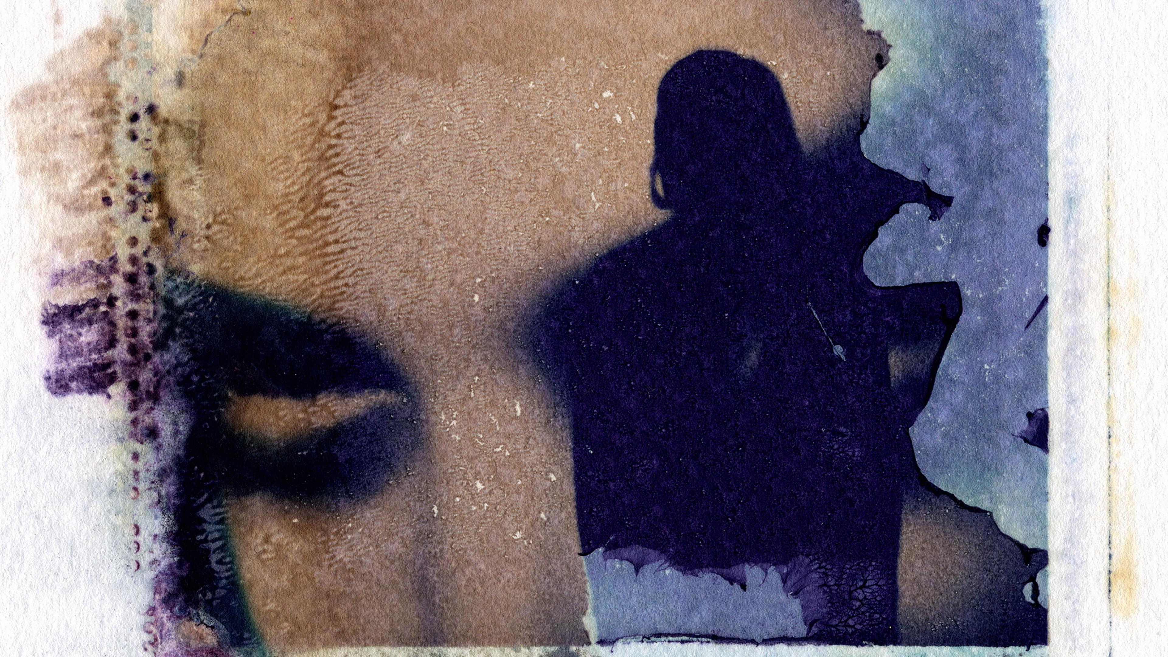 Abstract painting of a dark silhouette on a textured brown and blue background with areas of peeling, suggesting age or decay.