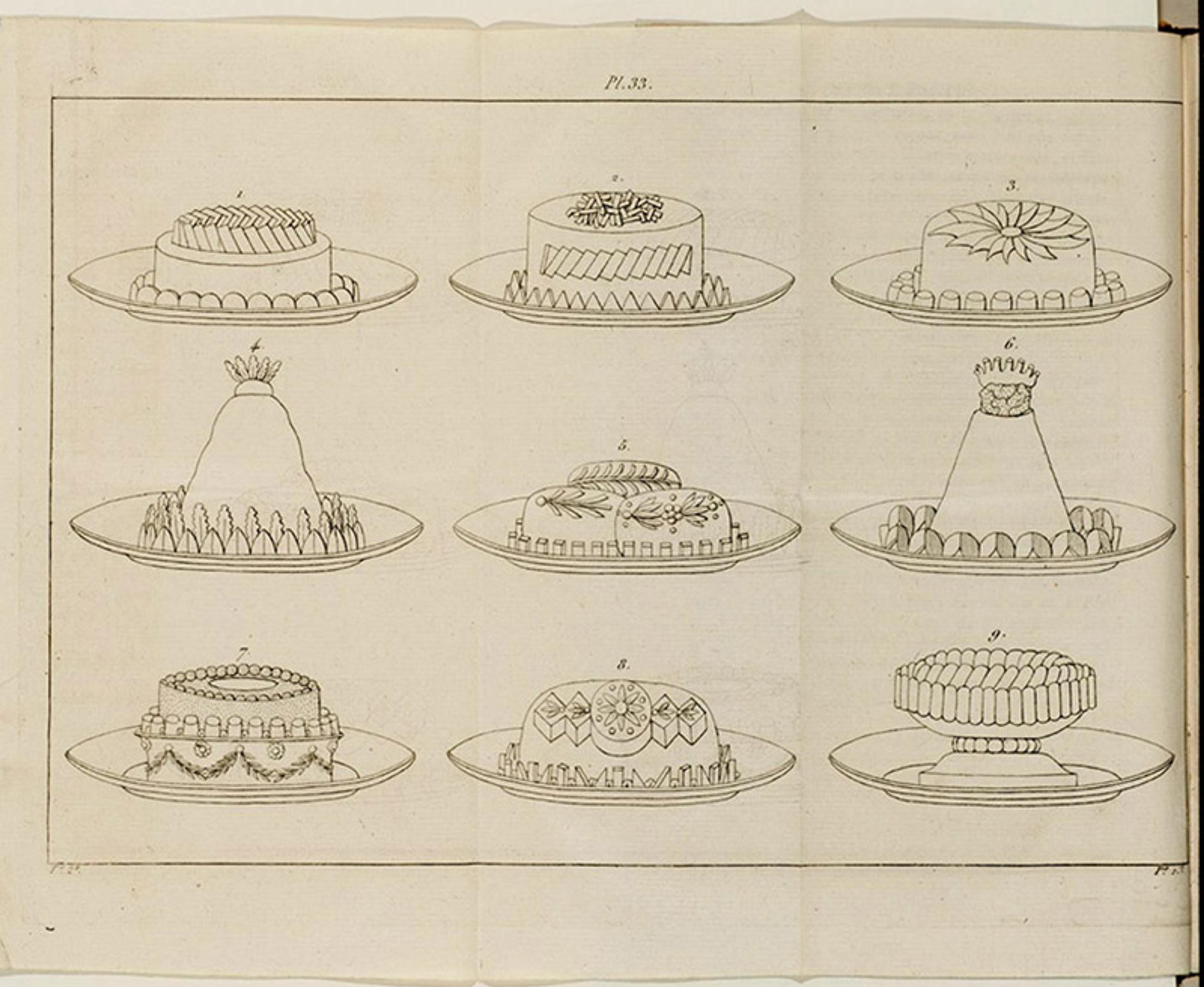 Illustration of nine decorative cakes on plates from an old book. Each cake features unique ornate designs and arrangements.