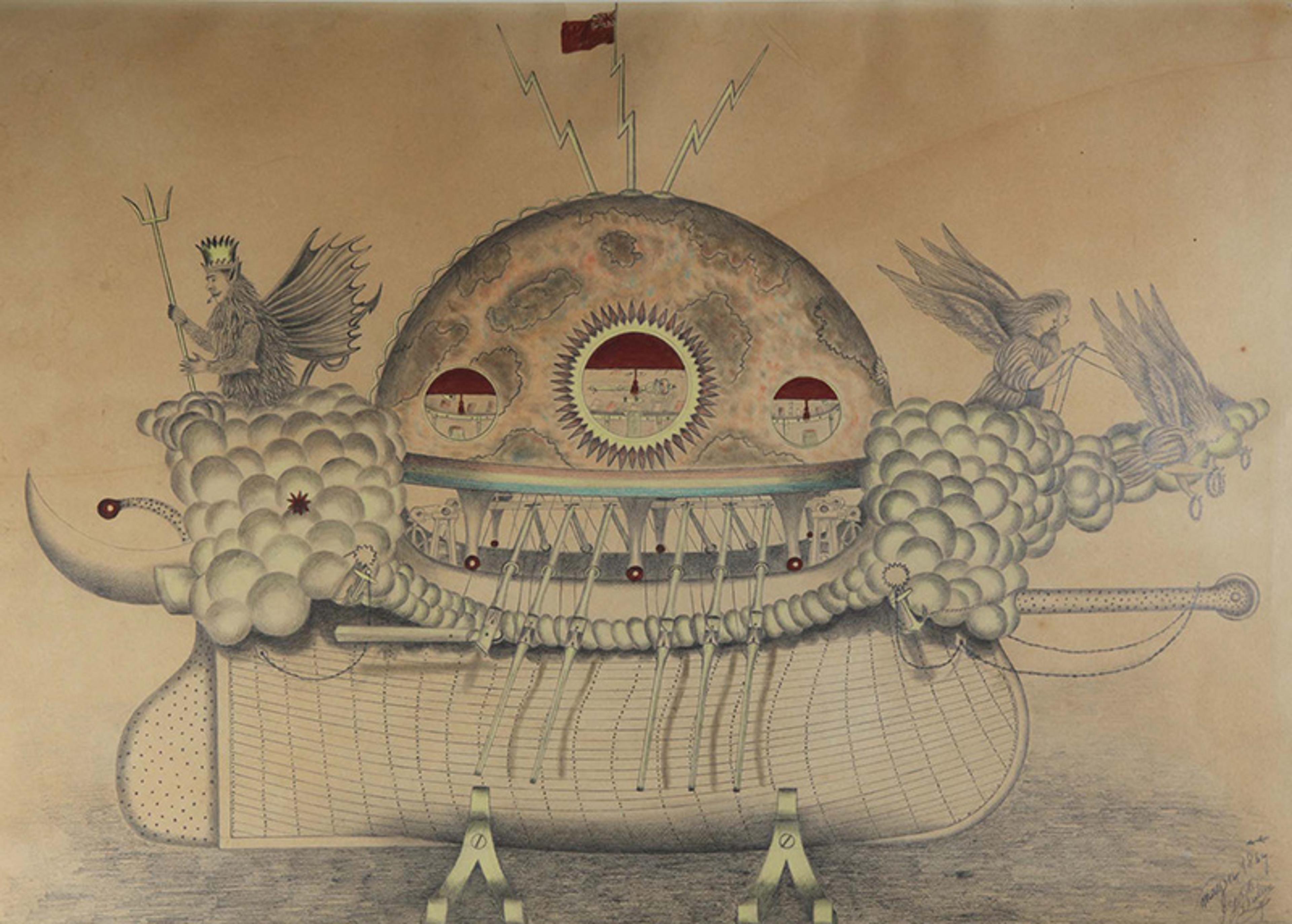 Surrealistic painting of a fantastical mechanical creature with winged figures and intricate details on a beige background.