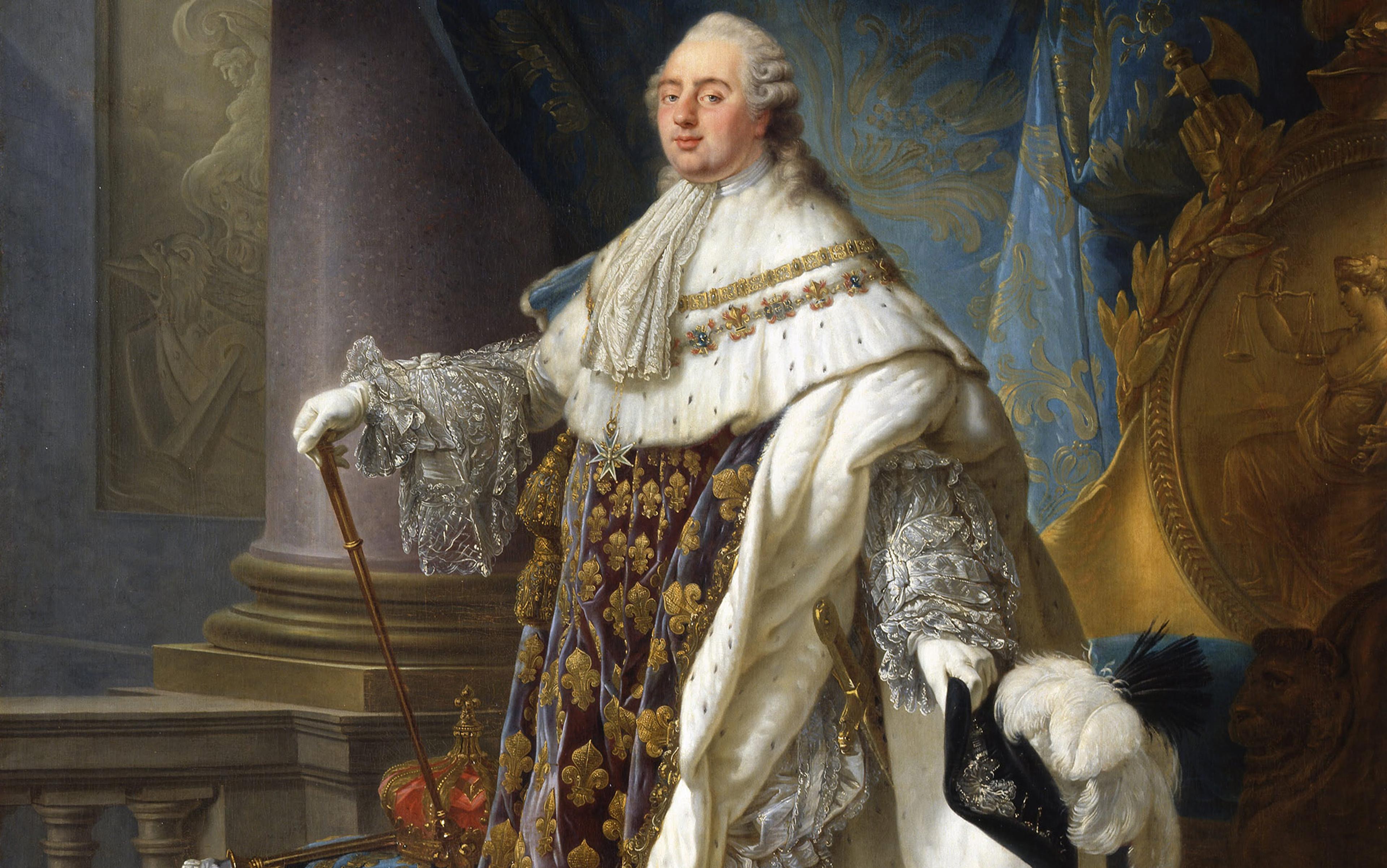 Painting of a royal figure in elaborate attire with a sceptre, crown, and ornate background featuring a pillar and grand drapery.