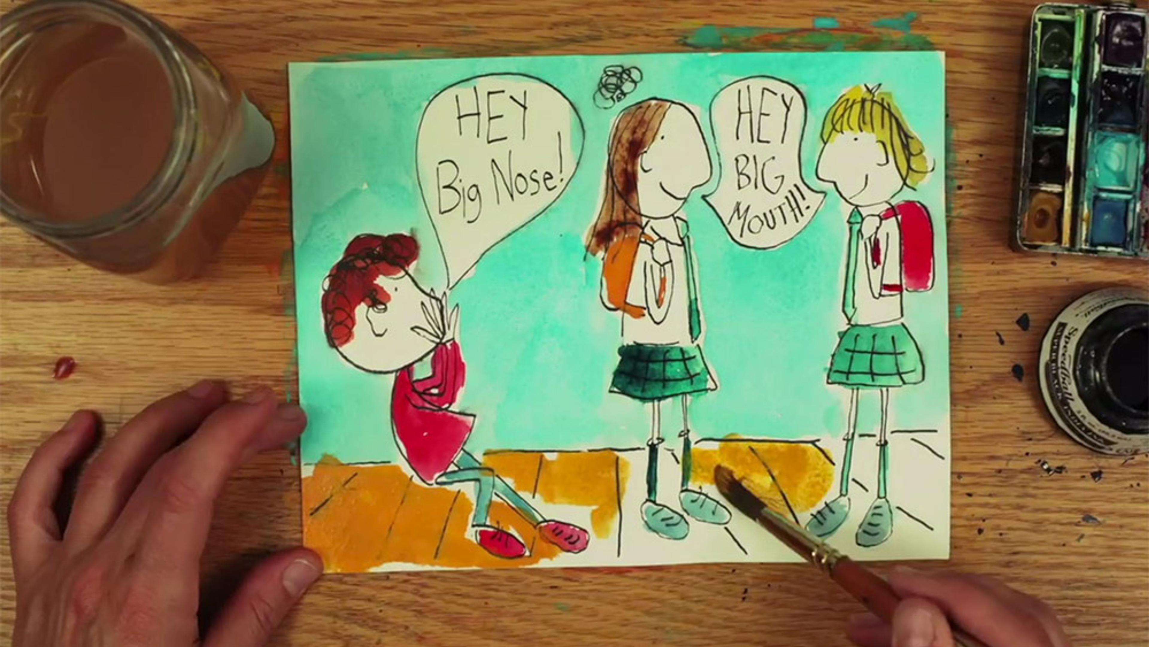 Watercolour painting of three cartoon children, with speech bubbles saying “HEY Big Nose!” and “HEY BIG MOUTH!!” on a wooden table.