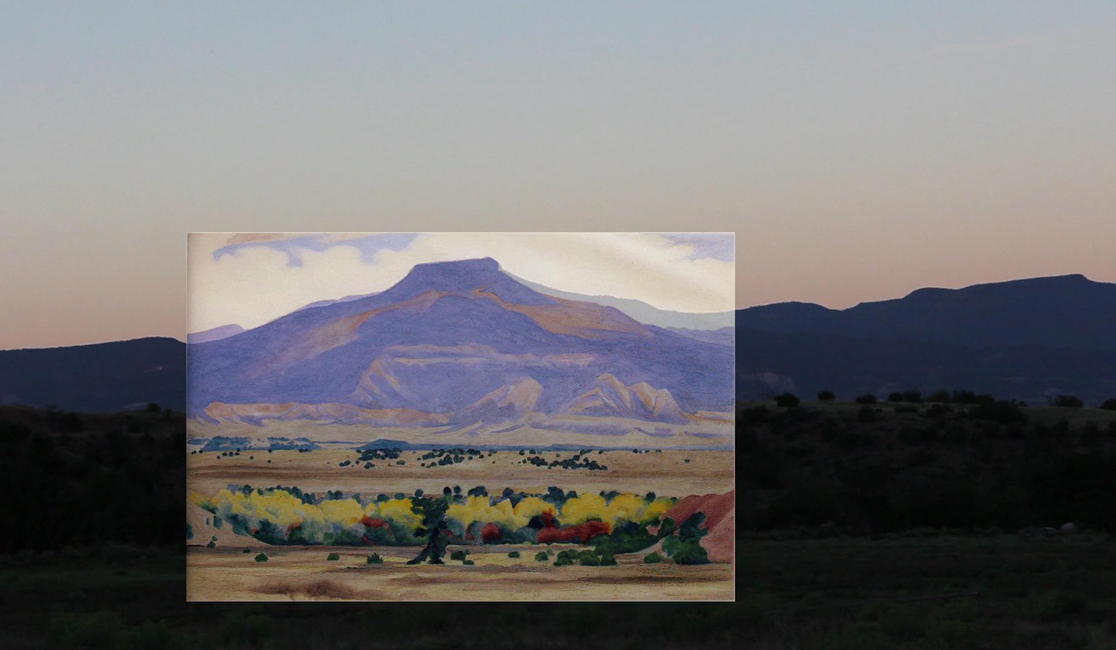 A sunset landscape with distant mountains. A painting of similar mountains and foreground is superimposed in the centre, showing more details and vibrant colours.