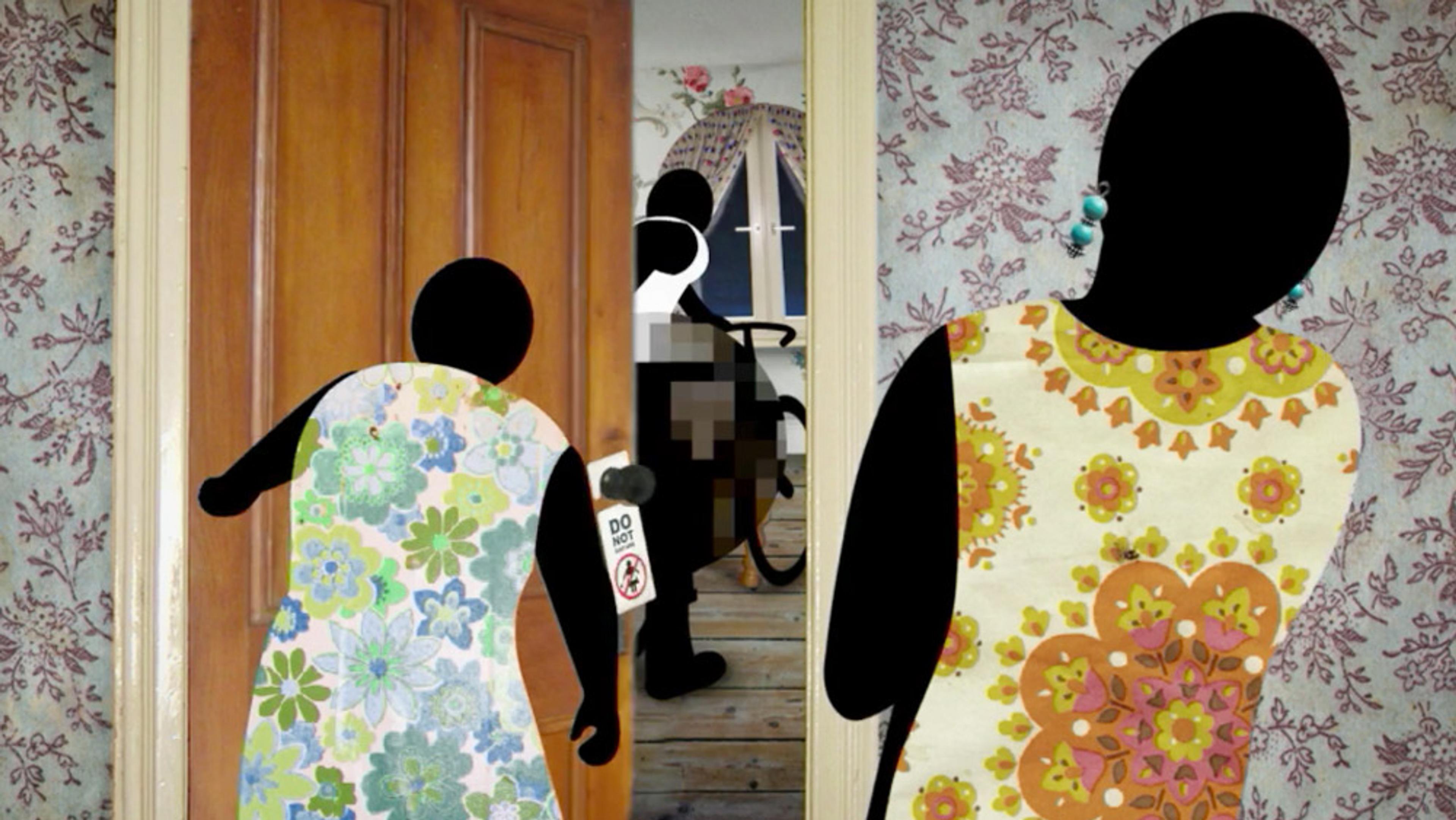 Painting of two human silhouettes in floral dresses opening a door to find another figure with a pixelated shape in a room.