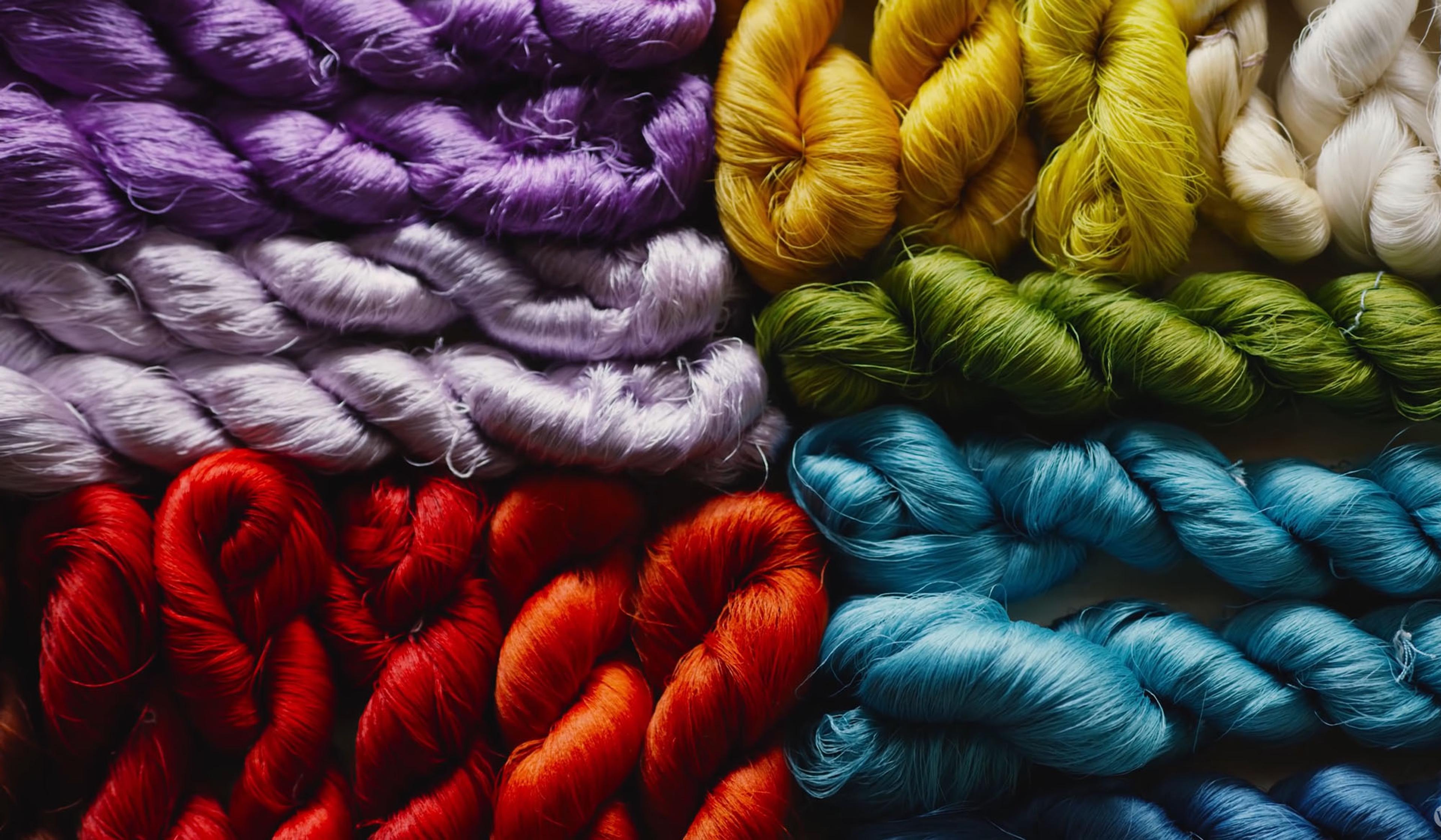 Bundles of yarn in various colours including purple, yellow, red, green, blue, and white, arranged in a neat, colourful pattern.
