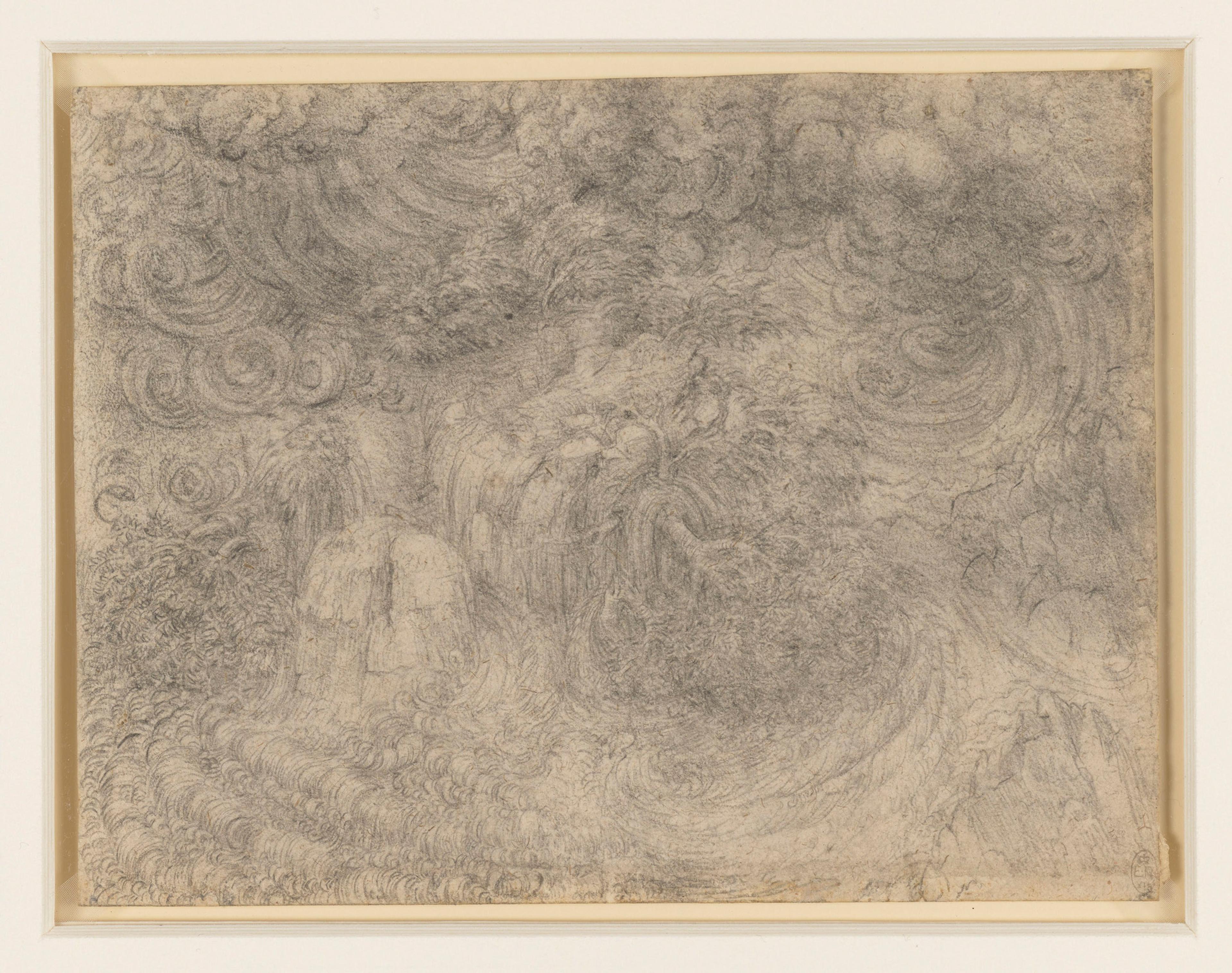 Detailed sketch in grayscale resembling a landscape with swirling patterns and undulating lines. Drawing framed with beige border.