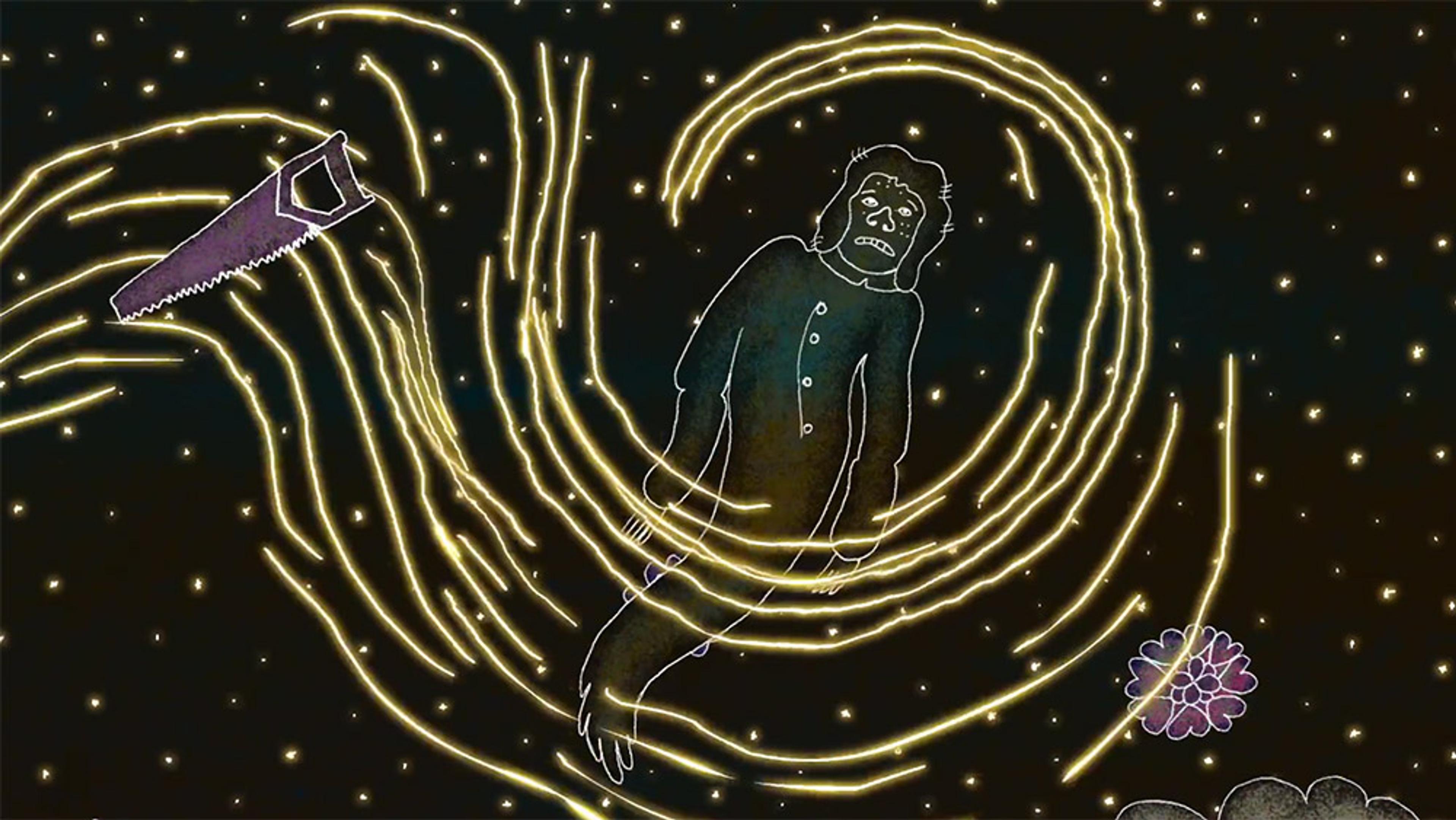 Abstract drawing of a humanoid figure, a saw and a flower surrounded by glowing yellow lines against a starry background.