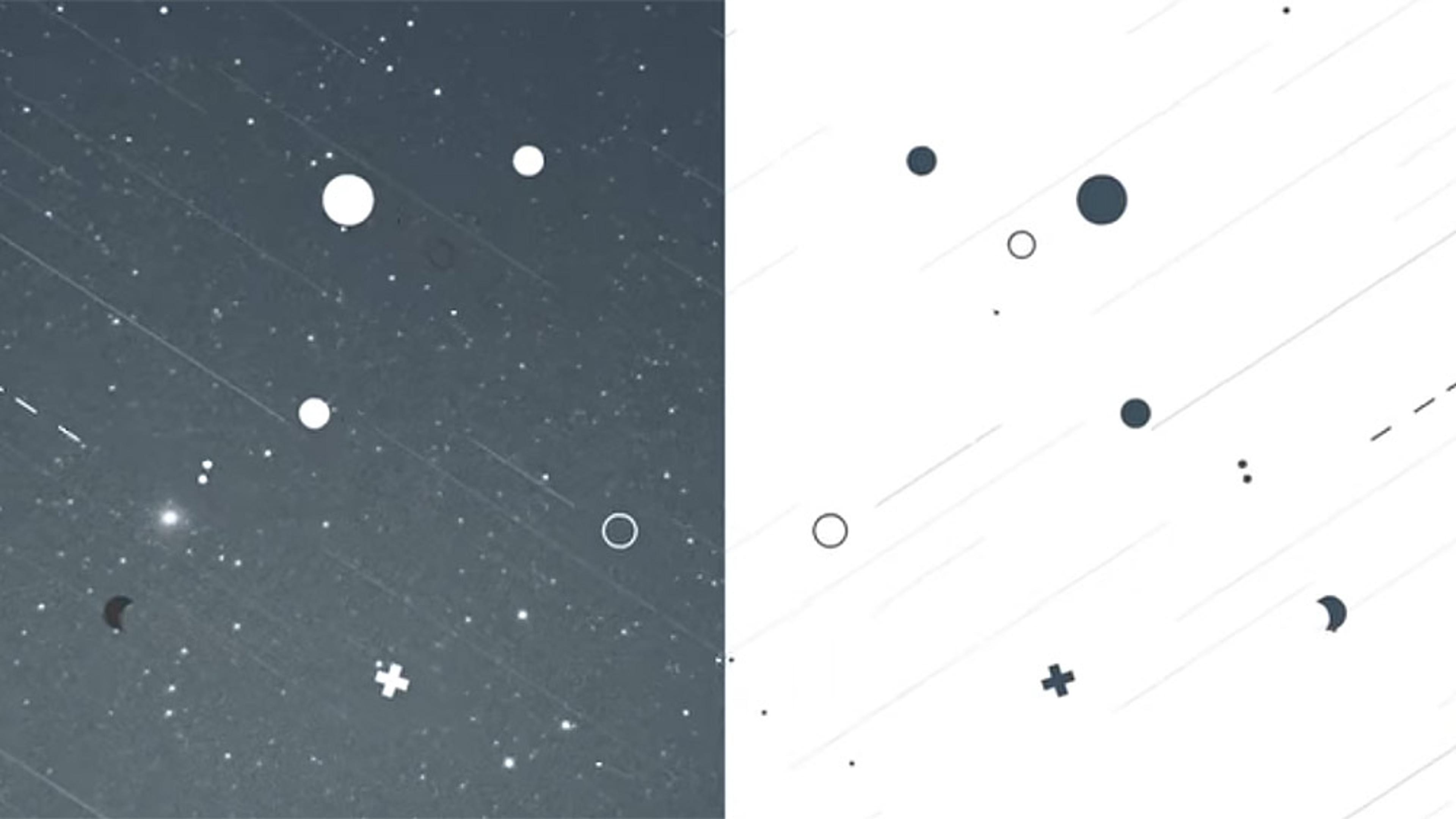 Abstract digital artwork split vertically, one side dark with white icons and the other light with dark icons resembling stars and shapes.