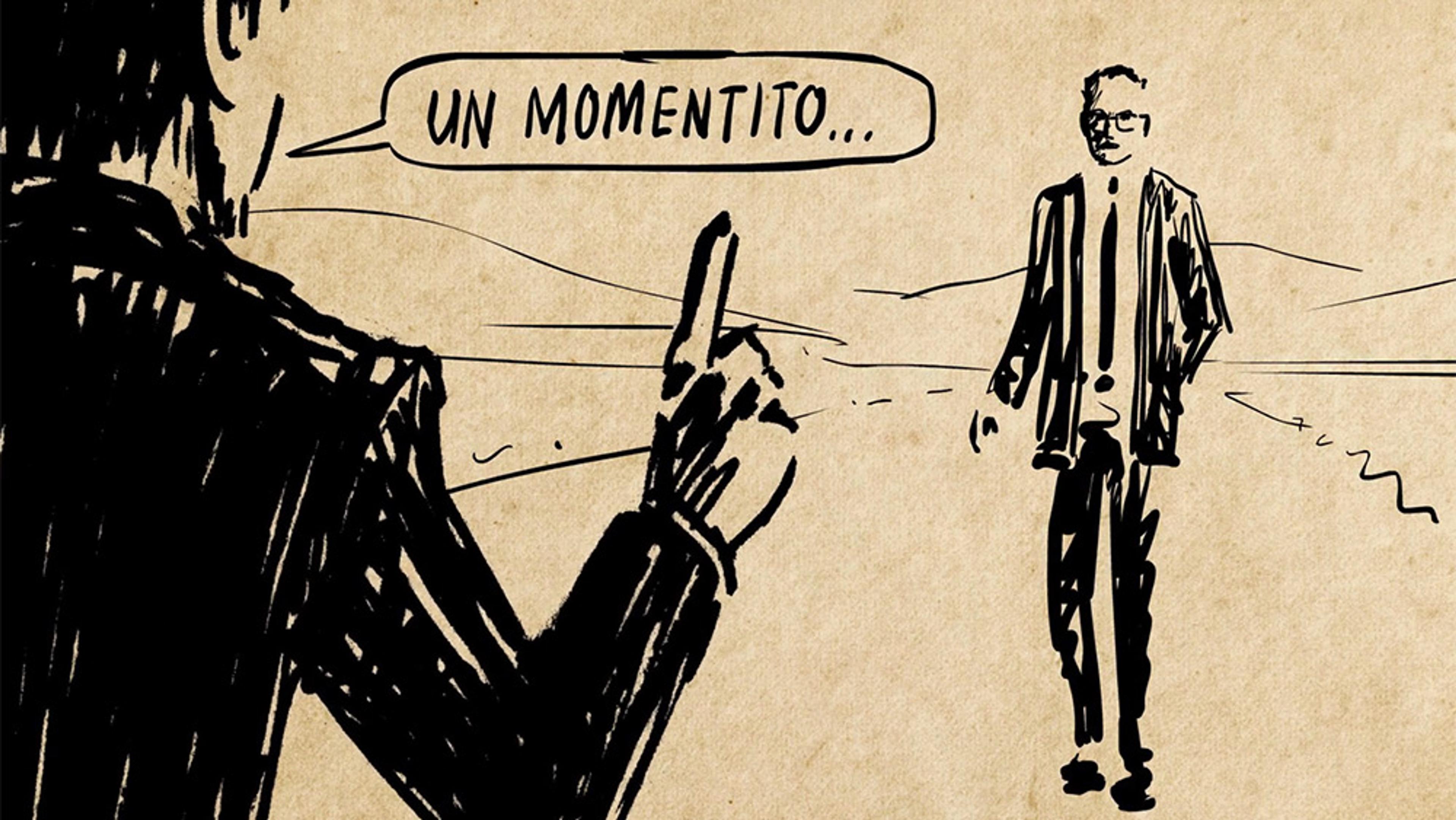 Sketch of a person raising a finger with a speech bubble saying “UN MOMENTITO” and another person standing in the background.