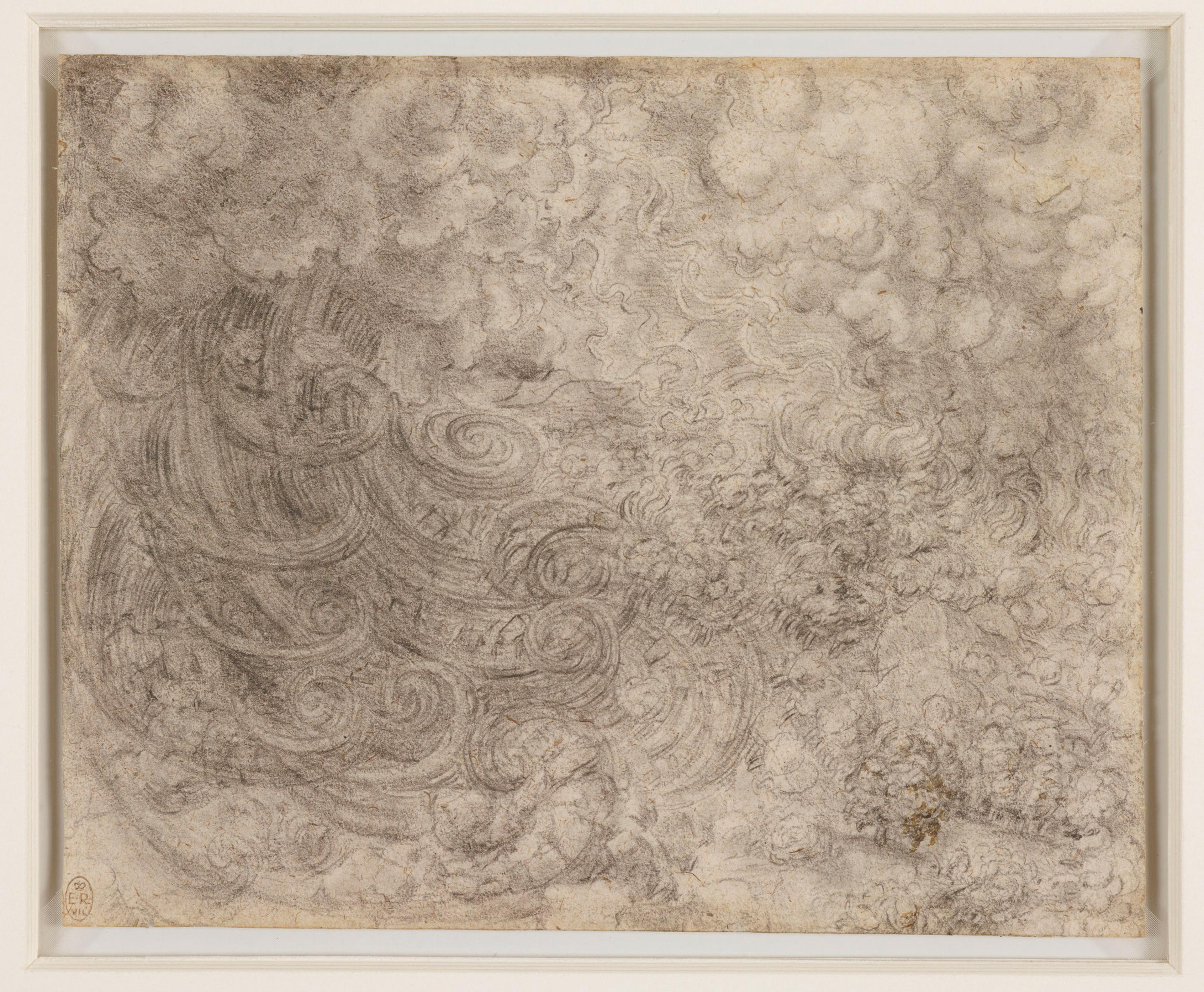 A detailed pencil drawing of turbulent clouds and swirling patterns in a white frame, possibly depicting a storm.