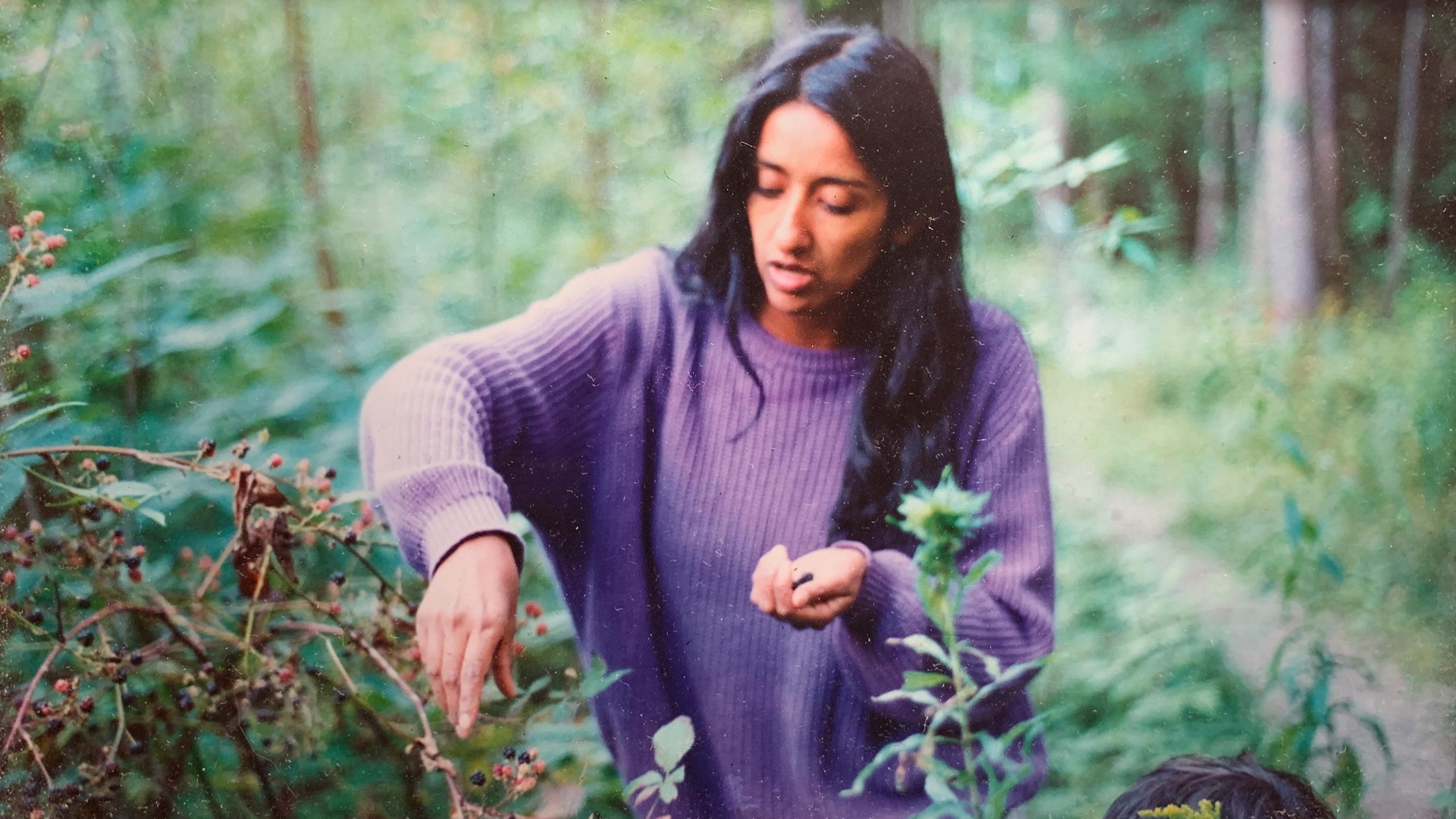 A woman in a purple jumper, named María Victoria Maldonado, picking berries in a lush green forest.