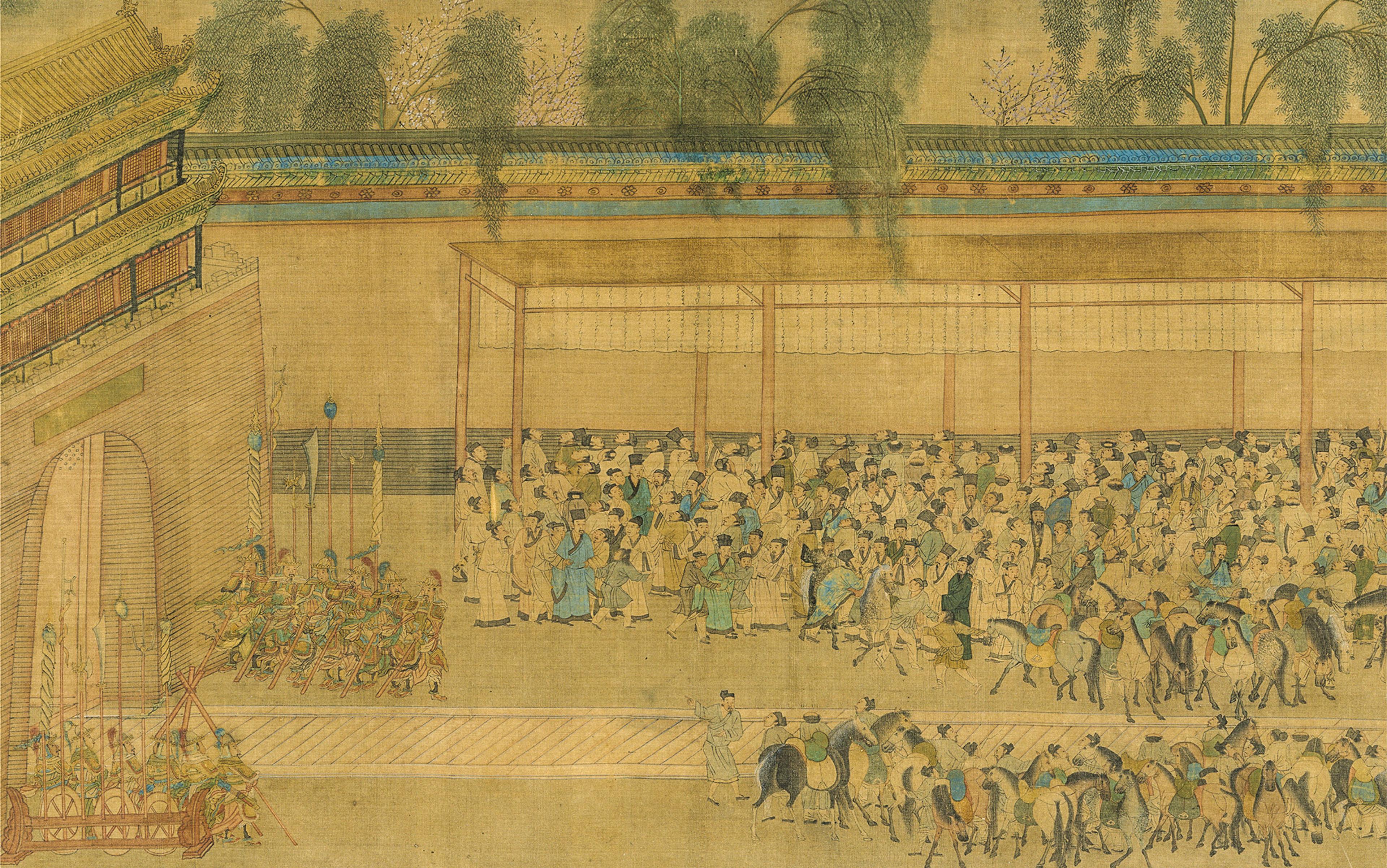 Many figures in traditional dress are gathered beneath a structure from which hang paper lists. In the foreground are horses. The colours are muted with age