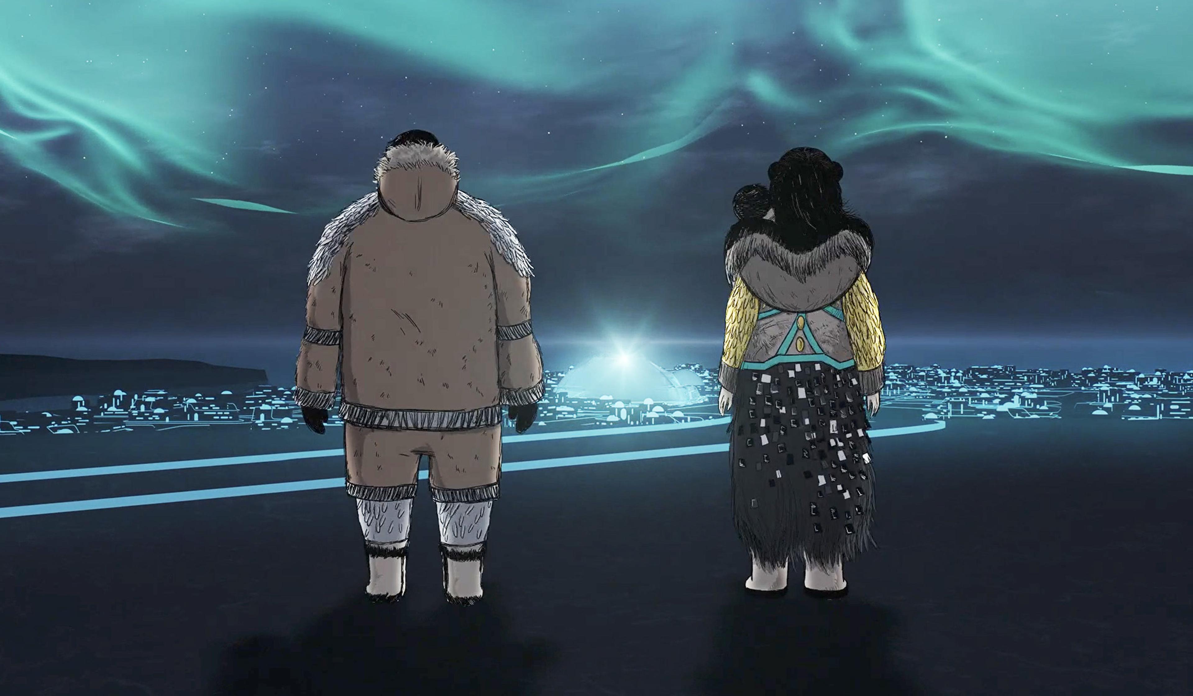 Two people in traditional Arctic clothing stand facing a futuristic city with glowing lights under the aurora borealis in the night sky.