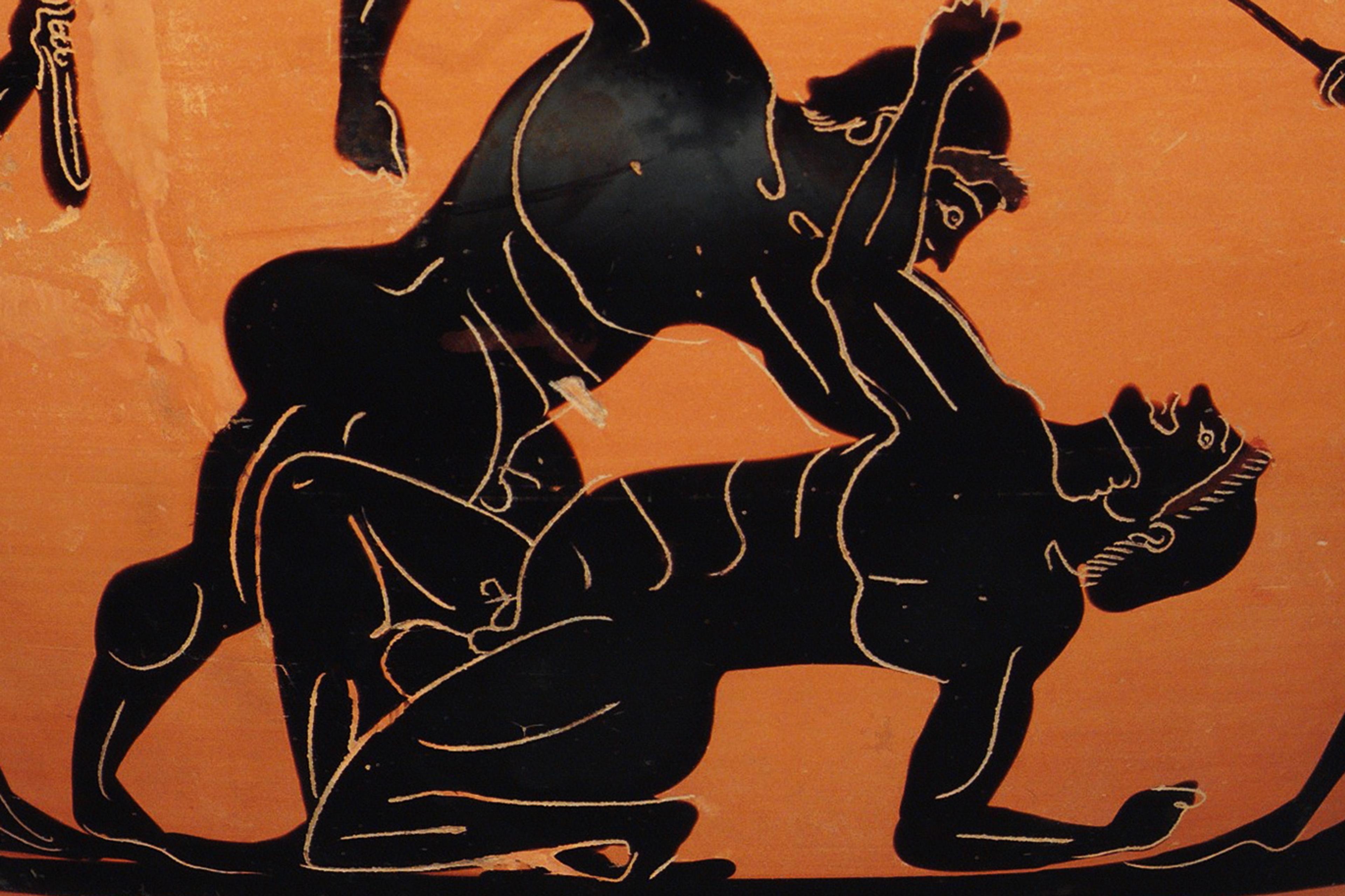 Ancient Greek black-figure pottery showing two warriors grappling on an orange background.
