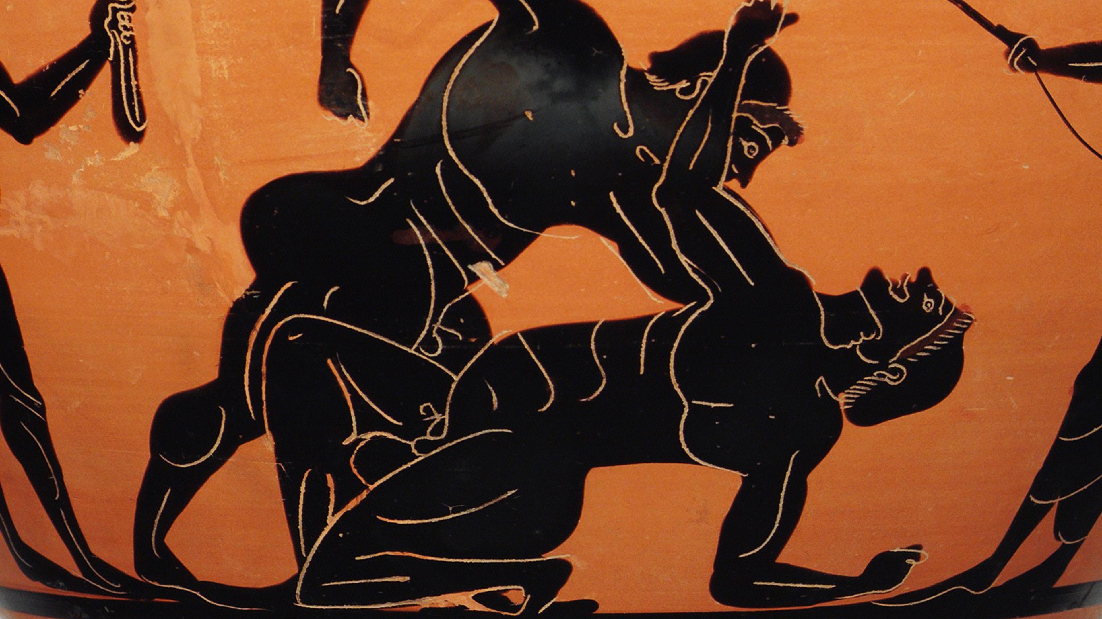 Ancient Greek black-figure pottery showing two warriors grappling on an orange background.