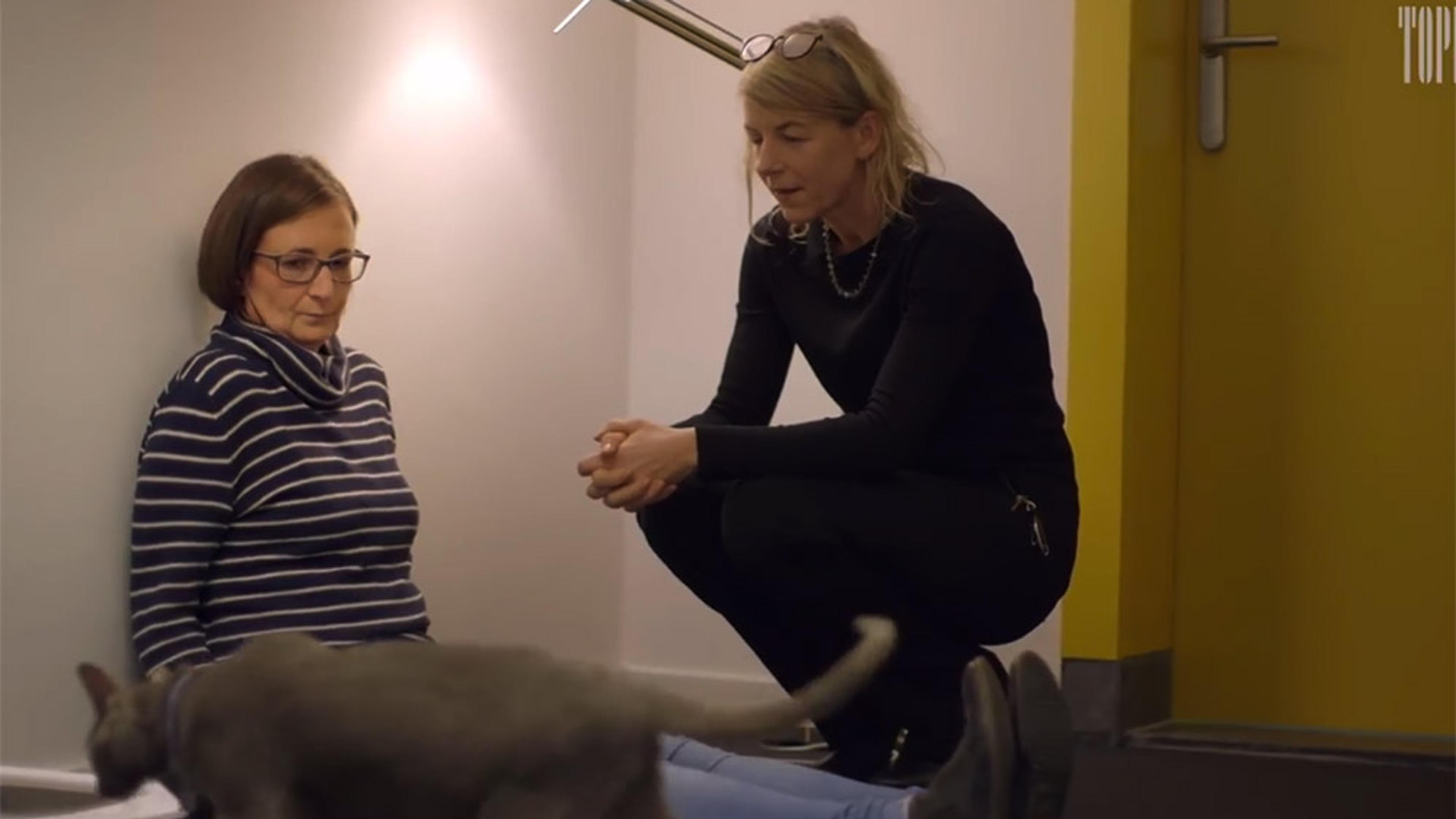 A woman sits on the floor, flinching from a nearby cat, while another woman squats nearby smiling and speaking to her.