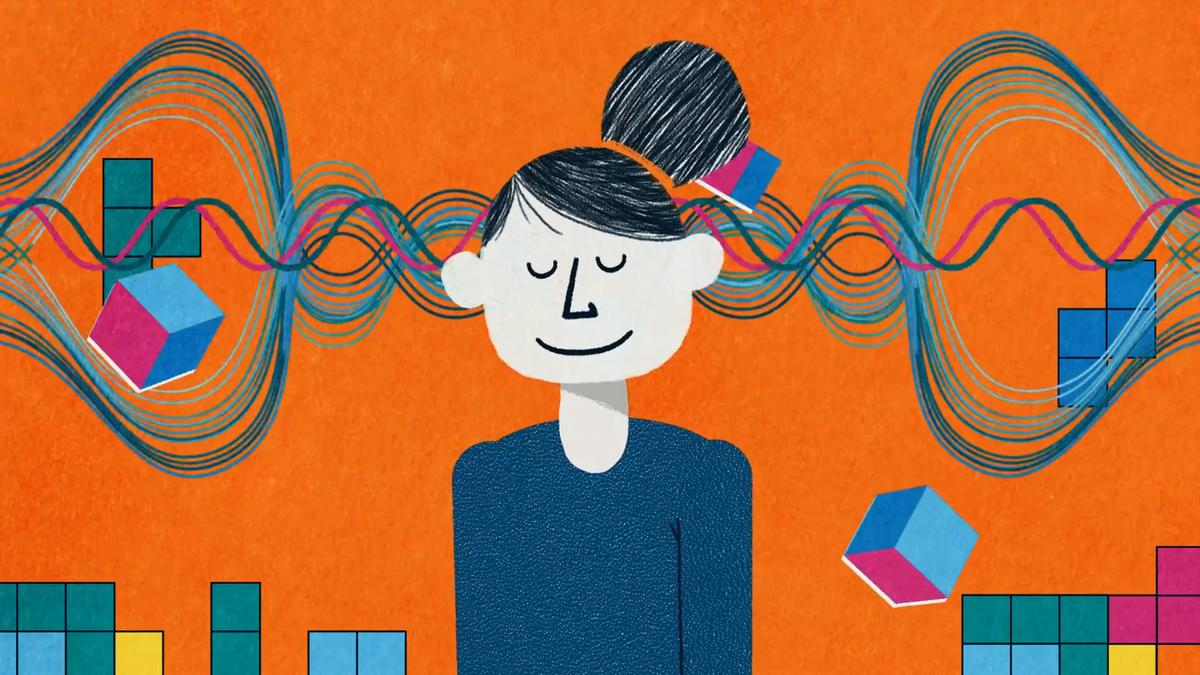 Illustration of a person with eyes closed, surrounded by colourful waves and geometric shapes on an orange background.