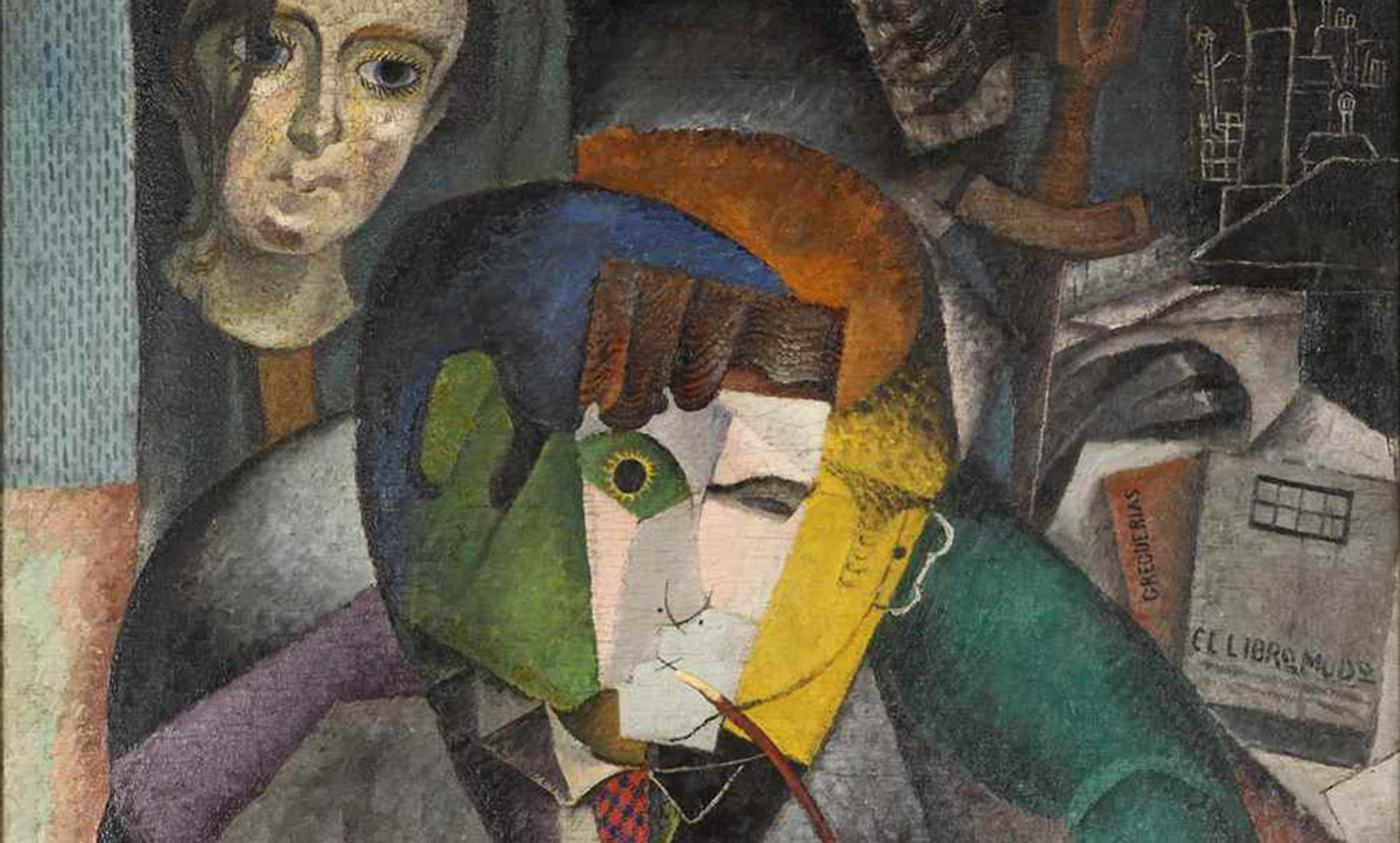 Cubist painting of a person with a pipe showing fragmented, multi-coloured facial features. A second face is in the background.