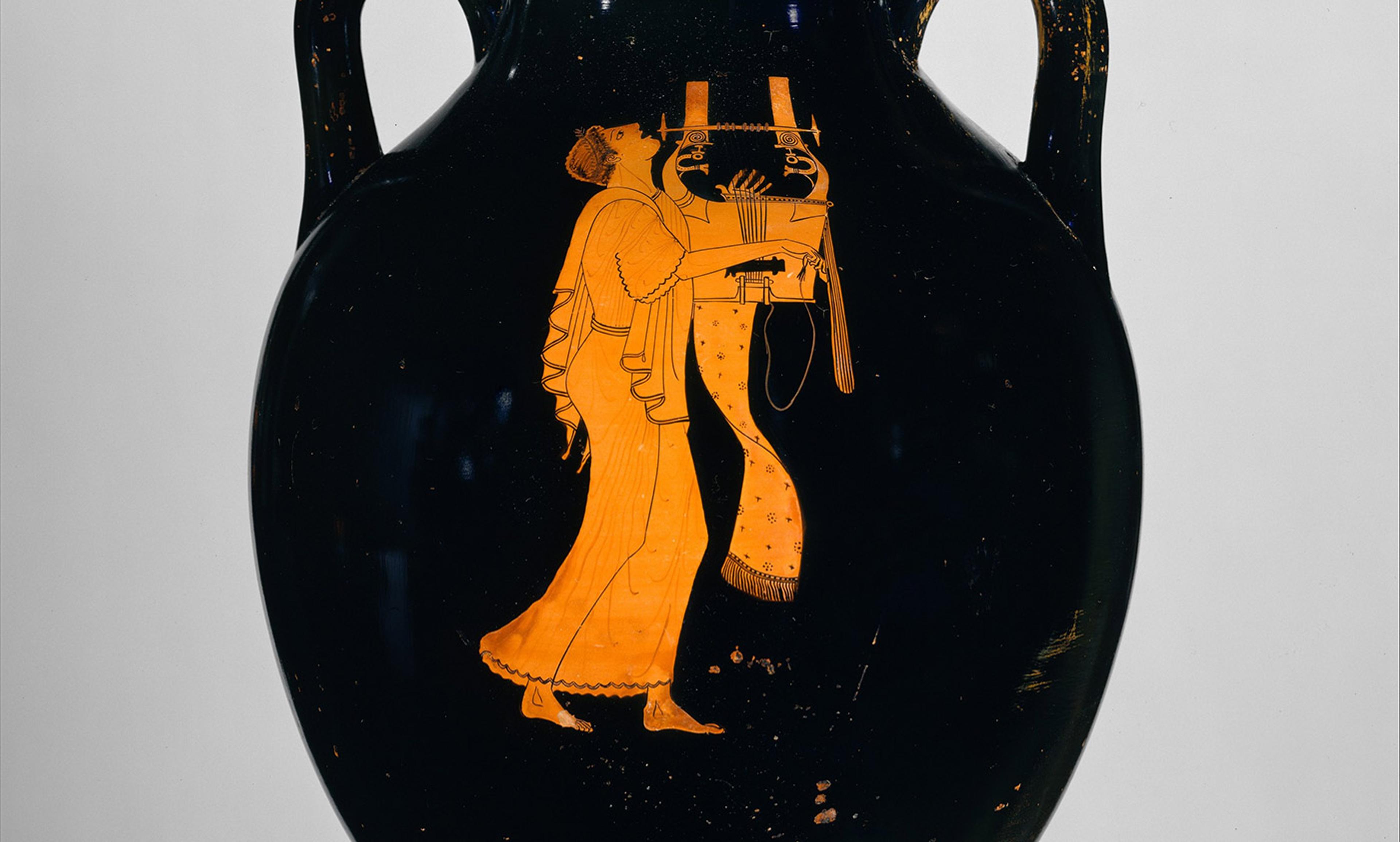 Ancient Greek vase painting depicting a woman playing a lyre in orange on a black background, classical style.