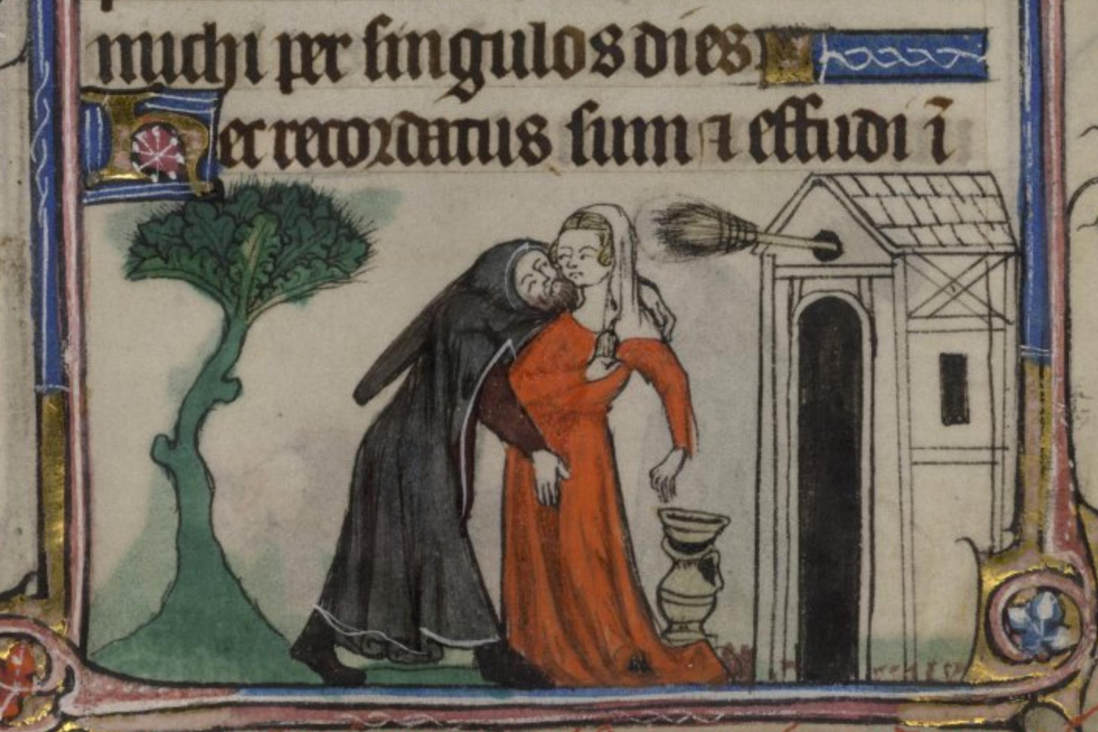 Medieval manuscript illustration of a monk embracing a woman near a house surrounded by text and decorative elements.