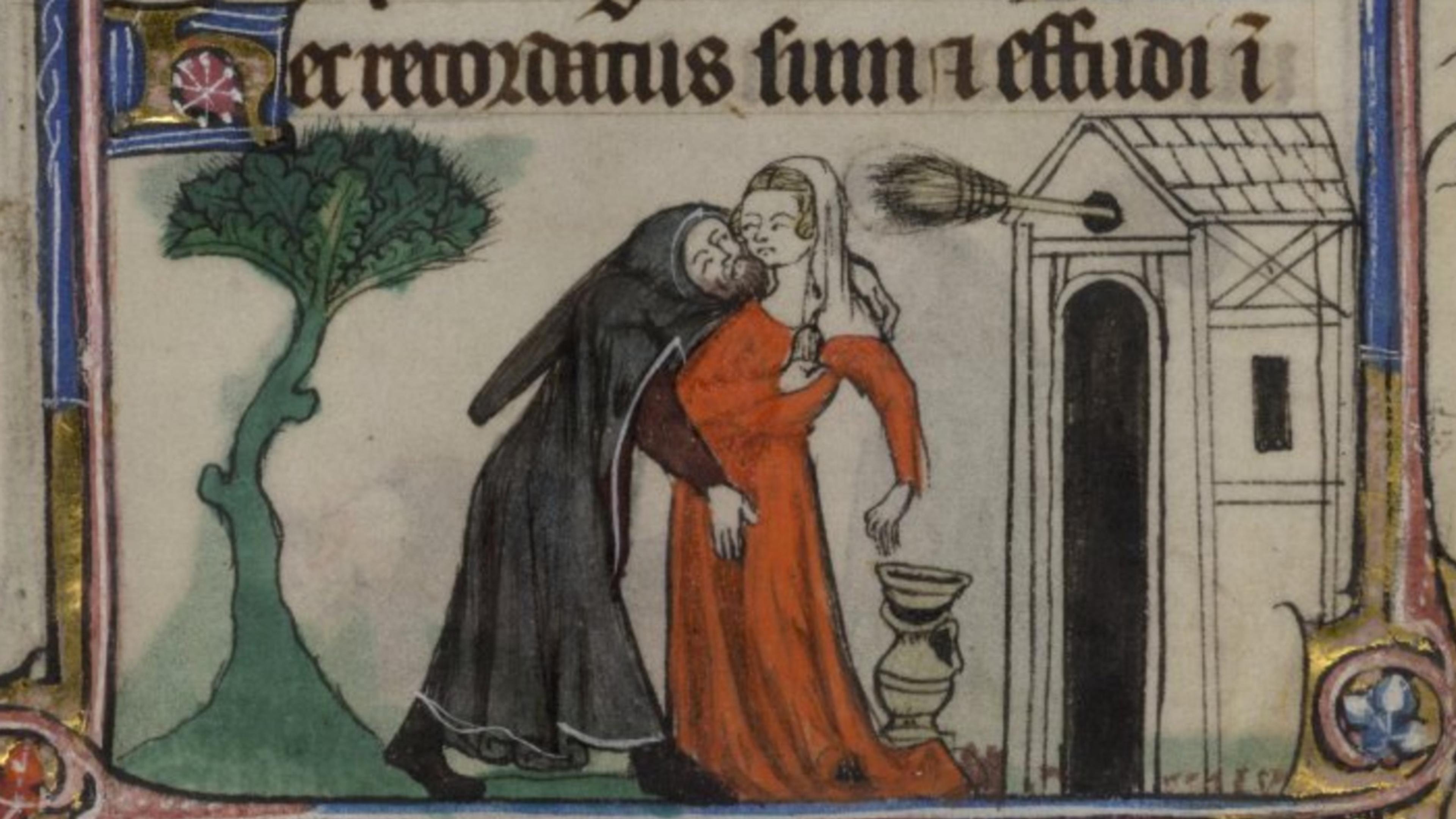 Medieval manuscript illustration of a monk embracing a woman near a house surrounded by text and decorative elements.