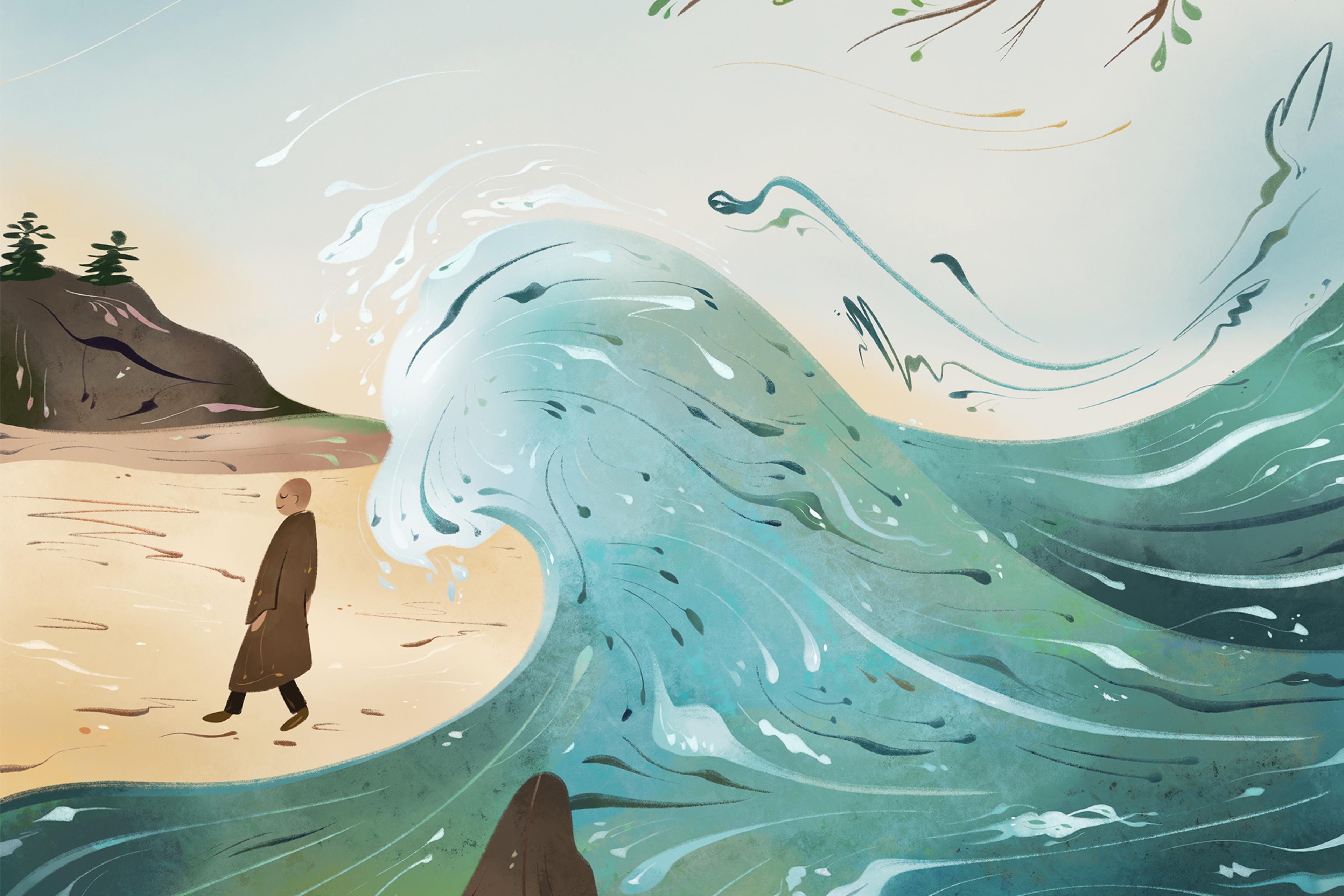 Illustration of a person on a beach near a large artistic wave with rocks and overhanging tree branch.